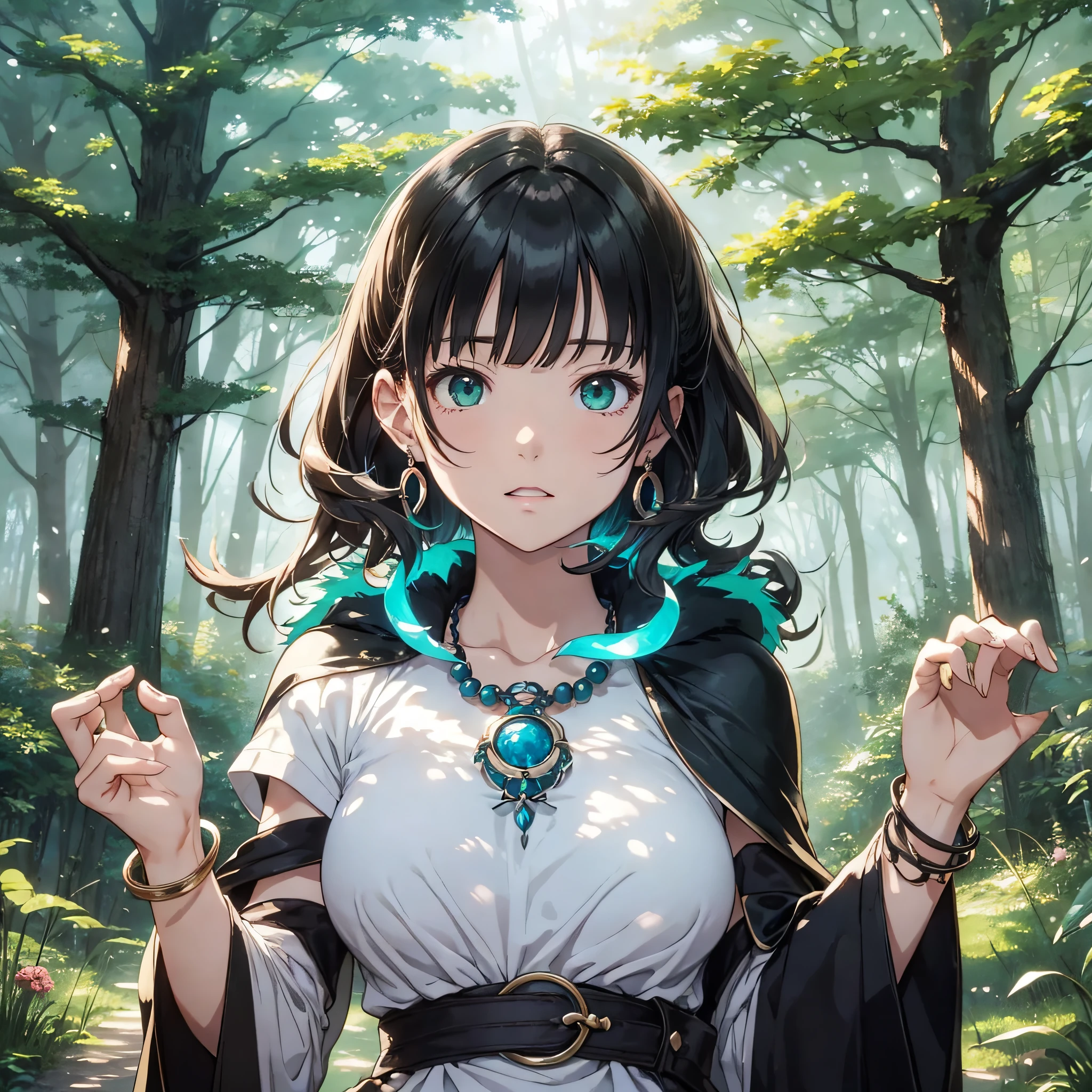 Ghibli style, three (Ghost Hime),
1 girl, armband, bangs, brunette hair, black undershirt, breasts, cape, circle, earrings, topcoat, floating hair, forest, fur cape, green eyes, jewelry, looking at the audience, medium breasts, nature, necklace, outdoors, parted bangs, shirt, short hair, sleeveless shirt, solo, tooth necklace, tree, upper body, white shirt
, ((Masterpiece)) --auto --s2