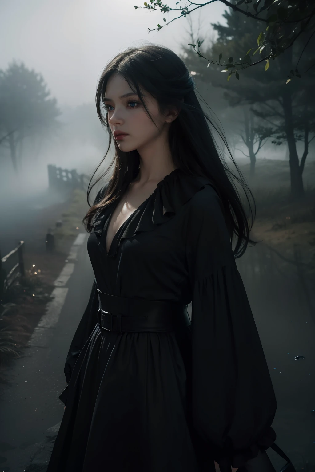 (dark scene, soft lighting, high saturated):1.4, vivid illumination, enchanting elegance, atmospheric depth, masterful technique, naturalistic representations, harmonious composition, creative refinement, striking juxtapositions, 1girl, dress, blue eyes, ,volumetric fog, outdoors