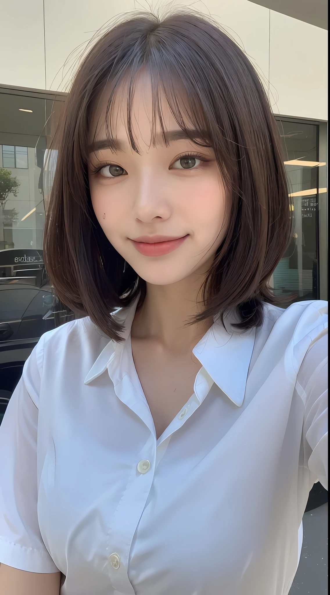 ((Top Quality, 8k, Masterpiece: 1.3)), Crisp Focus: 1.2, Beautiful Women in Perfect Style: 1.4, Slender Abs: 1.2, ((Dark Brown Bob Cut, Big: 1.0)), Smile, (White Button Up Long Shirt: 1.1), Street: 1.2, Highly Detailed Face and Skin Texture, Detailed Eyes, Double Eyelids