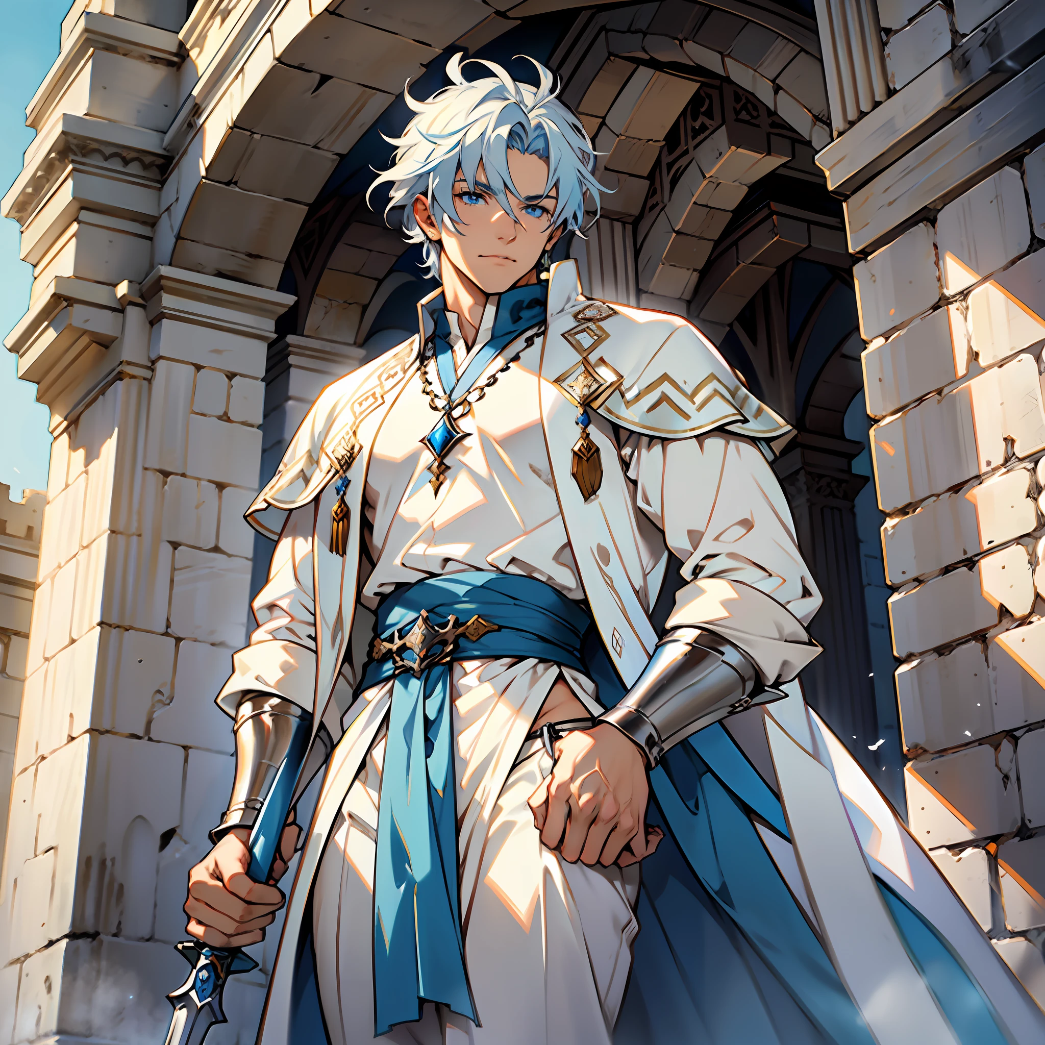 Elegant man, strong physique, white robe, white colored Arabian pants, light blue noble blouse, white boots, messy light blue hair, look of satisfaction, short hair, dark blue colored eyes, noble appearance, holding a silver spear, ancient castle, medieval setting.