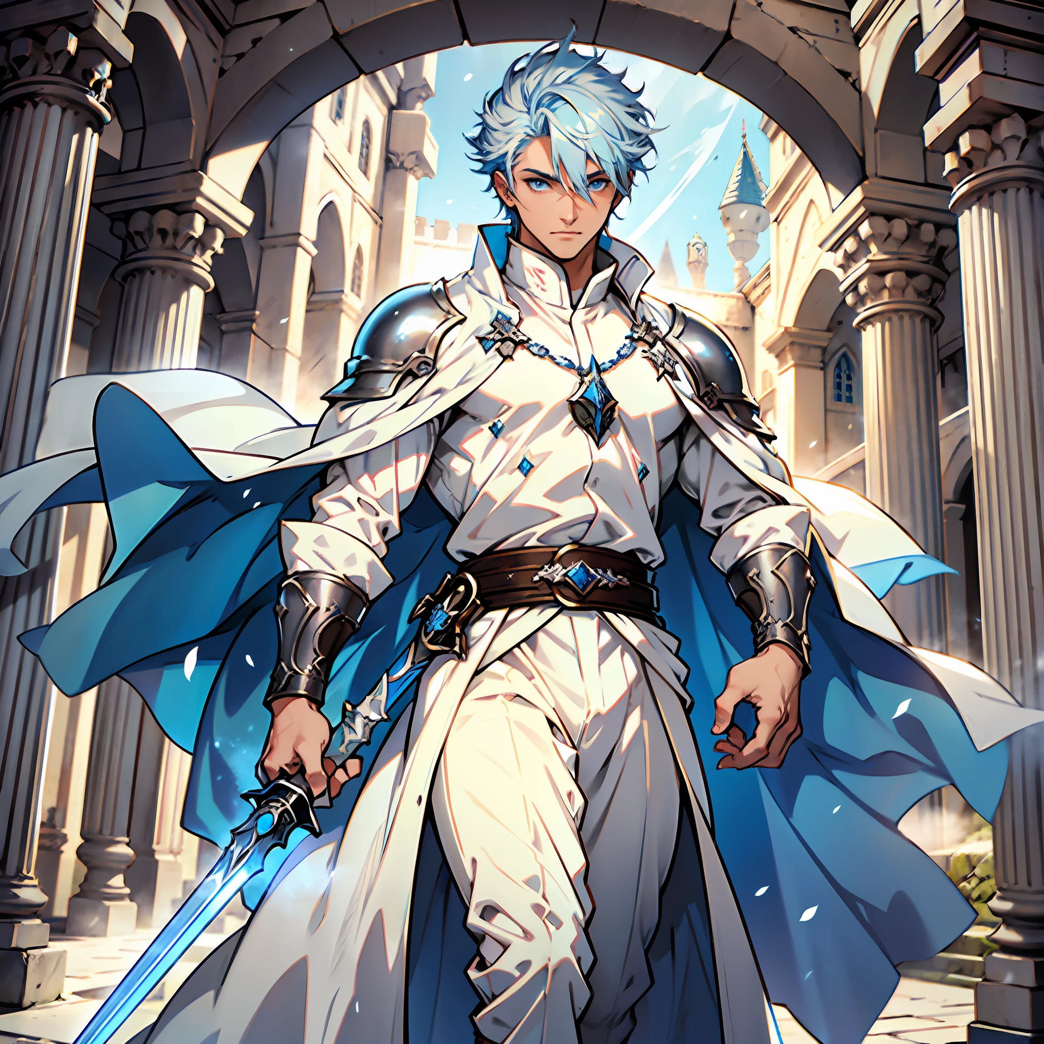 Elegant man, strong physique, white robe, white colored Arabian pants, light blue noble blouse, white boots, messy light blue hair, look of satisfaction, short hair, dark blue colored eyes, noble appearance, holding a silver spear, ancient castle, medieval setting.