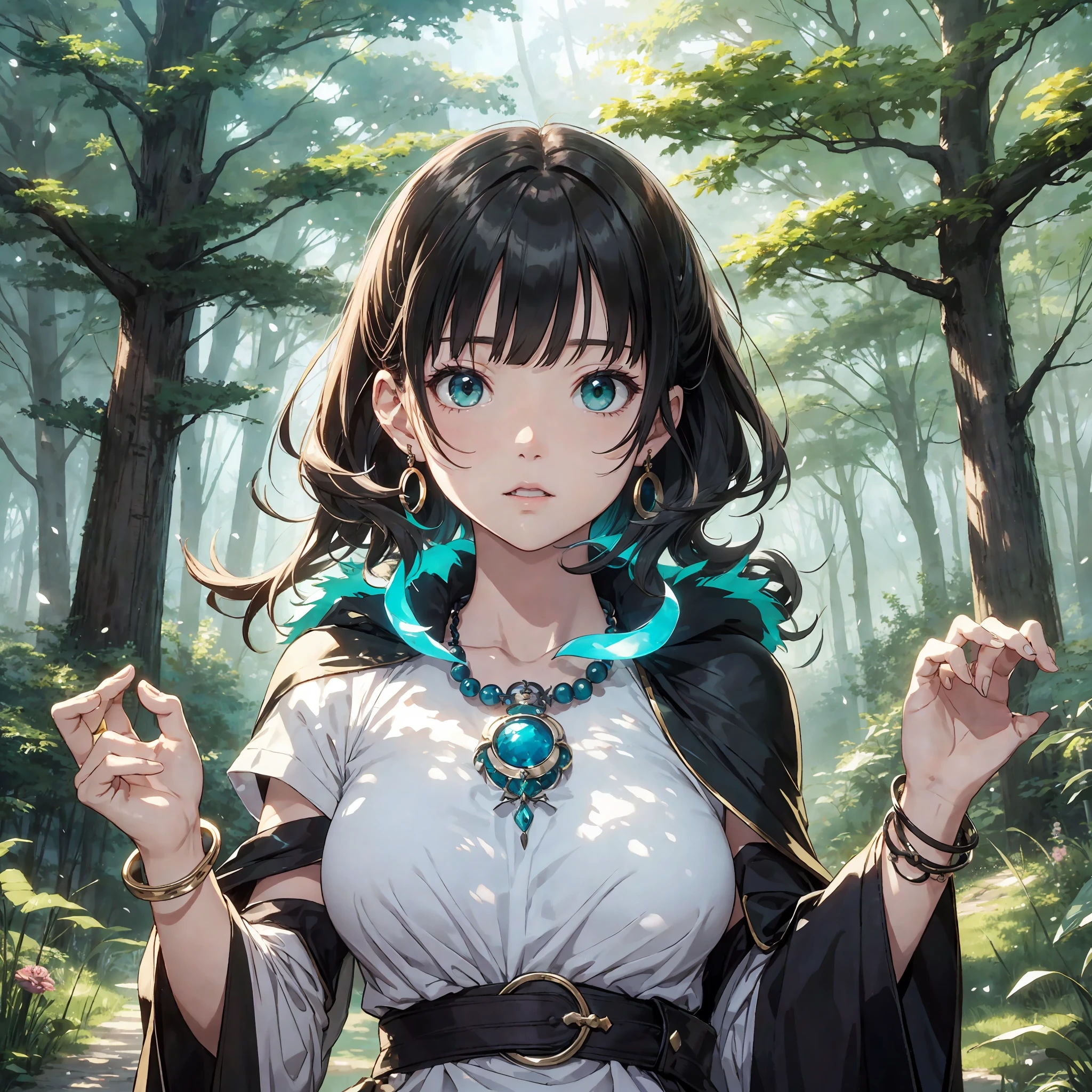 Ghibli style, three (Ghost Hime),
1 girl, armband, bangs, brunette hair, black undershirt, breasts, cape, circle, earrings, topcoat, floating hair, forest, fur cape, green eyes, jewelry, looking at the audience, medium breasts, nature, necklace, outdoors, parted bangs, shirt, short hair, sleeveless shirt, solo, tooth necklace, tree, upper body, white shirt
, ((Masterpiece)) --auto --s2