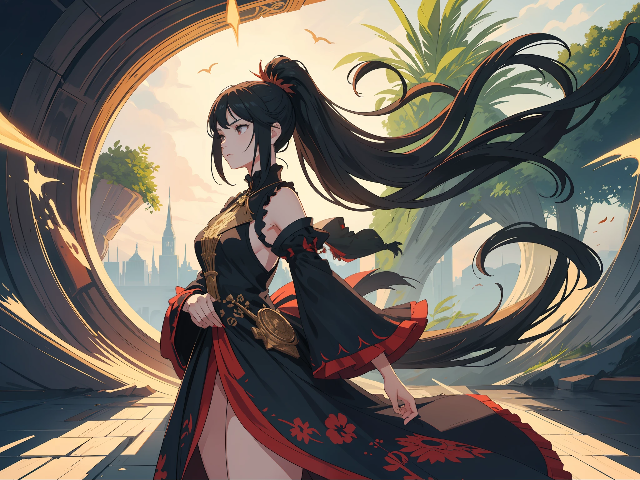 ((Maiden looking into the distance))), black hair color, ponytail, flowing hair, maiden, red and black sleeveless dress, fine painting, black eyes, standing posture, long legs, detailed portrayal, many islands suspended in the air, city, fantasy, magical plant growth, extreme detail, realistic light, epic composition, (intricate detail), (intricate design, ultra detail: 1.2), art station, (masterpiece, best quality), ultra hd