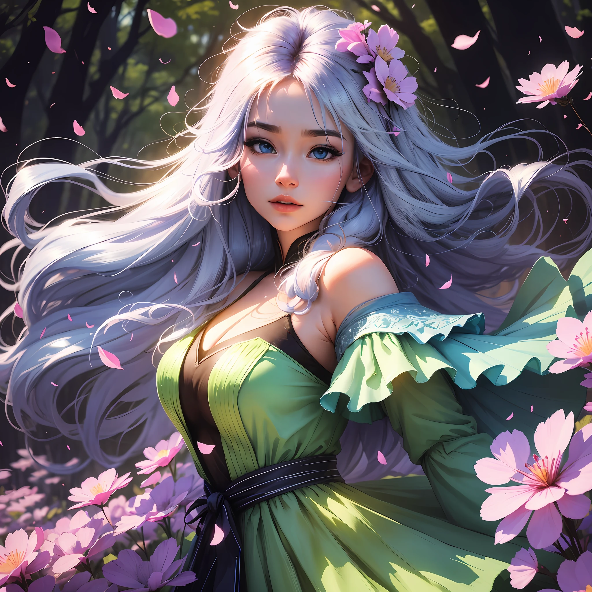 1. A beautiful and unique CG unity 8k wallpaper with the best light and shadow, very detailed, by a blue-eyed woman floating above the clouds in a beautiful white martial arts costume. She poses beautifully and dynamically, and her hair is colorful, including silver, red, purple, yellow, and green, making an impression. The excessive number of water droplets and thick clouds in the scene surround her, bringing out her beauty, while the watercolor-like texture also enhances the gorgeousness of this wallpaper.
2. This is a very detailed CG unity 8k wallpaper, the excellent lighting and shade convey a delicate, beautiful and moving atmosphere. The wallpaper is a floating forest, in which different shades of blue are splashed. The falling petals roll in the wind, and one can feel the power of nature. The scene is vast, with impressive elements such as meadows, trees, leaves, wind, light, shadow and breath that outline its beauty.
3. This is a very detailed CG unity 8k wallpaper, excellent lighting and shading perfectly convey the delicate, beautiful atmosphere. The wallpaper shows a woman with colorful hair floating in the colorful forest, numerous water droplets flying in the air like crystal beads, petals and various toys scattered around her, adding life to the scene. Leaves, wind, light, shadow and breath are everywhere, and each element is unique and together shows the charm of this wallpaper. --auto --s2