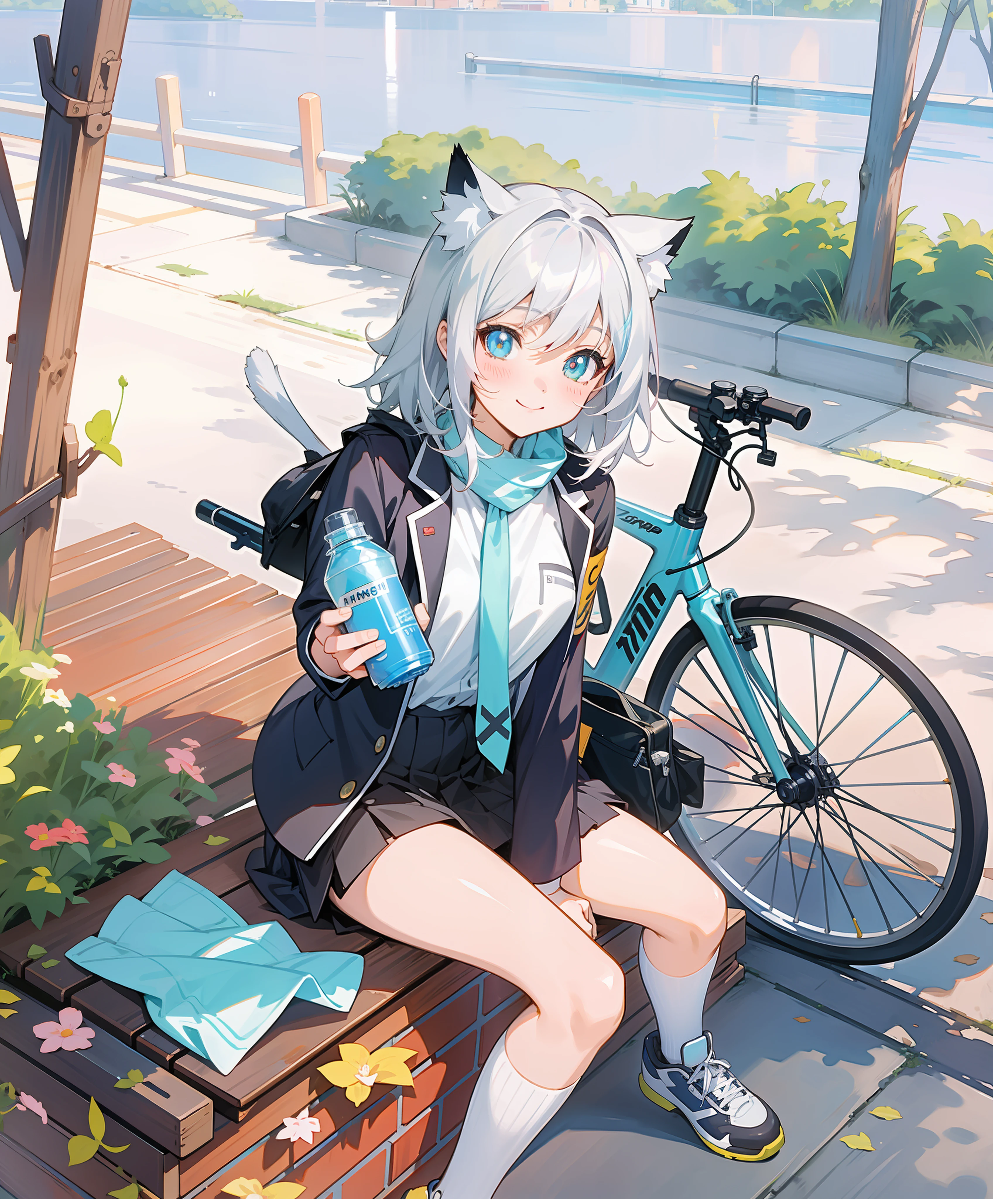 Anime girl sitting on bench, riding a bike and water bottle, anime girl drinking energy drink, anime style 4 K, anime moe art style, anime style. 8k, beautiful anime catwoman, popular on ArtStation pixiv, cute anime catwoman, mikudayo, high quality anime art style, beautiful anime high school girls, extreme light and shadow, smile, ultra hd, highlight cat ears, beautiful background, warm colors, best quality, pixiv, splash anime art, cute anime style, silver white hair, meticulously portrayed face, meticulously portrayed eyes