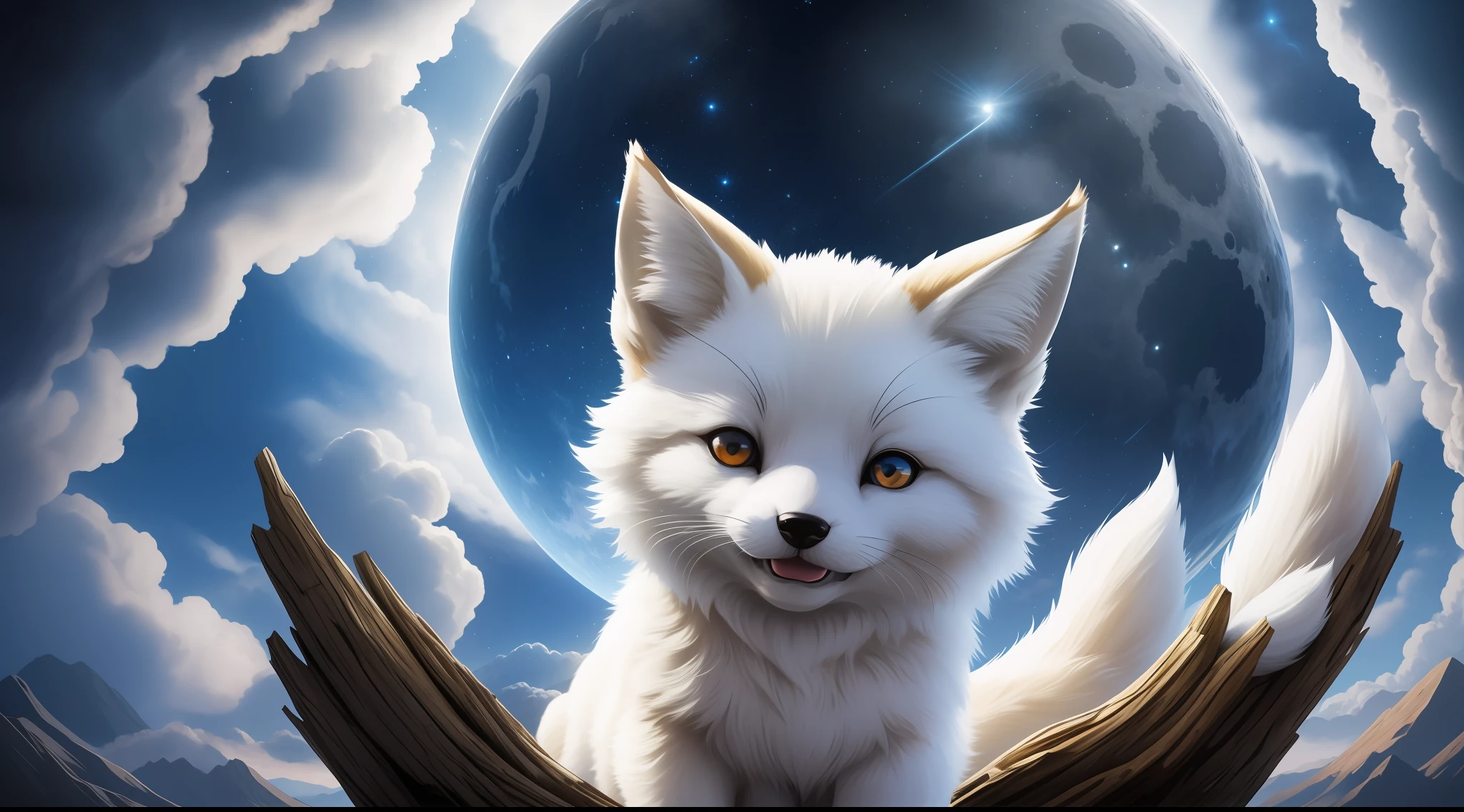 Super huge little white fox, Q version, cute, cute, big eyes, look at me and smile, nine tails, long roar up to the sky, moon, night scene, tumbling heavy sea of clouds at your feet, high mountains, stereoscopic perspective, master works, super fine, 4k resolution, high quality, movie lighting, high picture detail, dynamic perspective, detailed, epic shooting