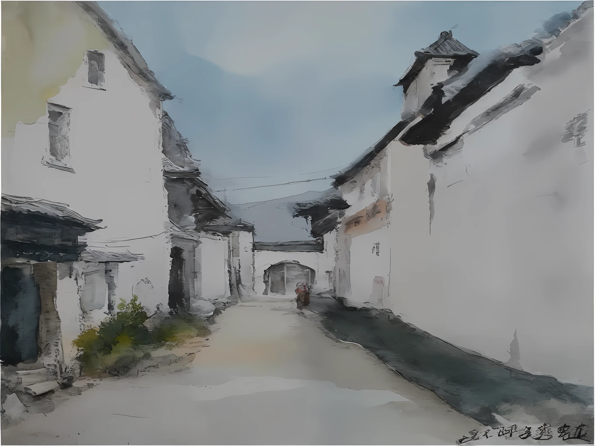 painting of a street with a person walking down it, in a street, in a village street, watercolour on paper, watercolor on paper, water color on paper, by Ai Xuan, loose watercolor drawing, on a street, by Pál Balkay, in a narrow chinese alley, by Cheng Jiasui, by Yang Borun, by Cao Zhibai