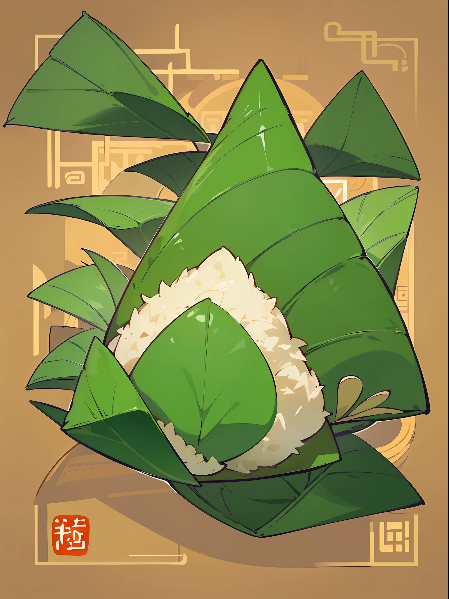 (Chinese triangles food poster), ((triangles food)), (Wrapped glutinous rice with green leaves triangular Zongzi),Food steamer made of bamboo,Express the relationship between objects,Triangular composition,Bright green hue