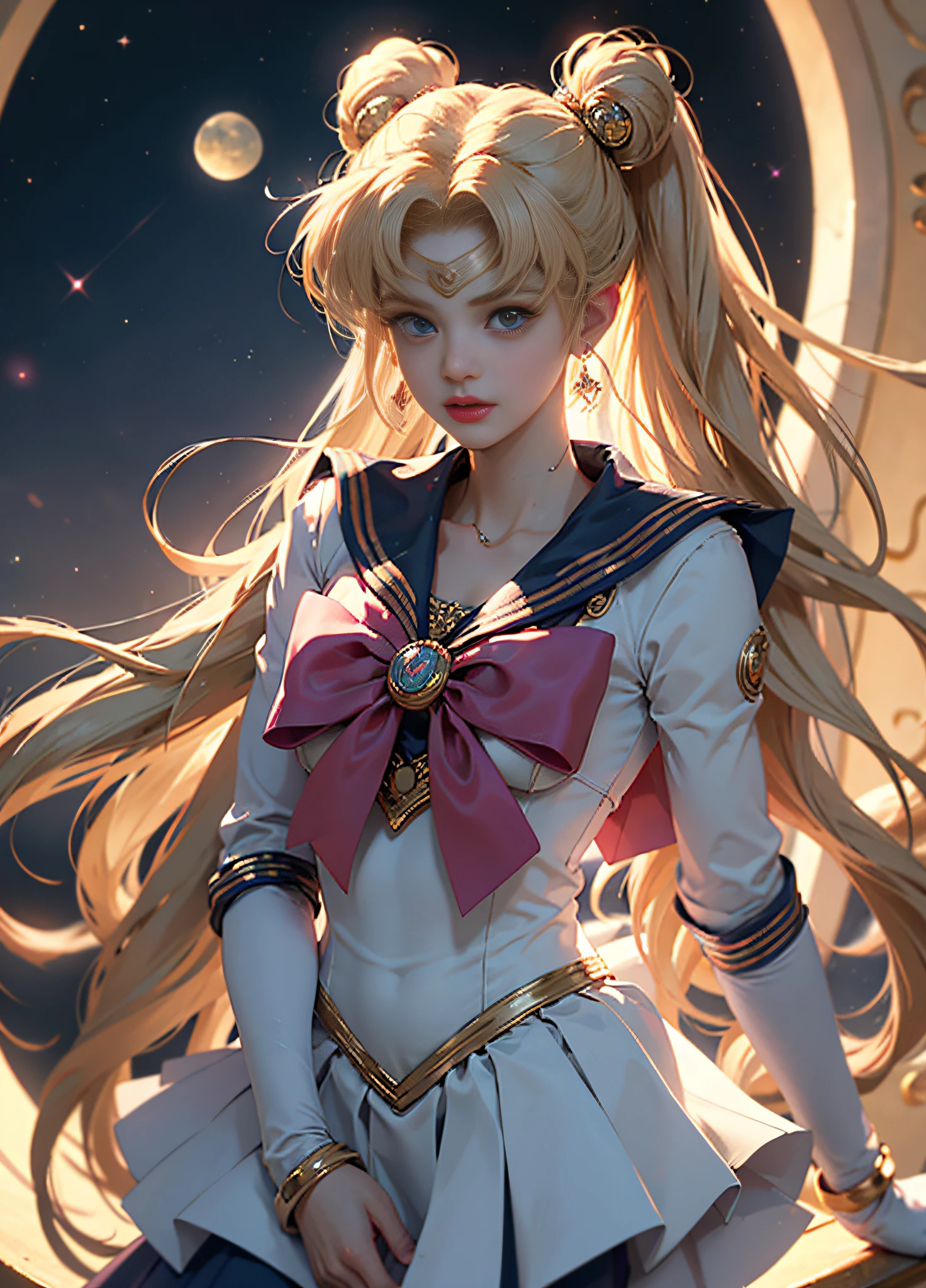 ((Masterpiece)), (Best Quality), (Ultra Detailed), ((Very Detailed)), 4K, (8K), Sailor Moon, Long Blonde Hair, Double Ponytail, Sailor Moon Aesthetics, Dream Core,