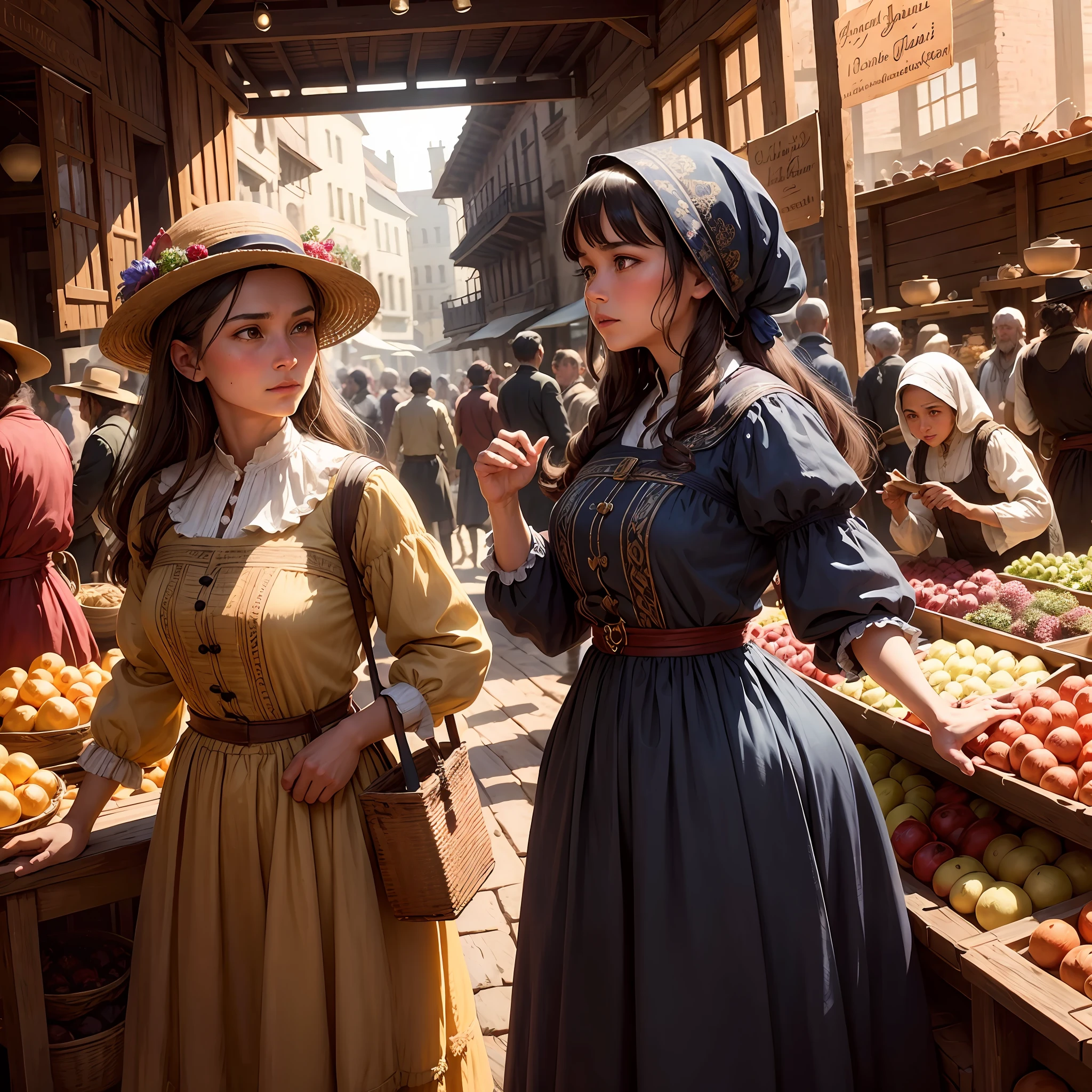 19th century, peasants in a bazaar, intricate details, high quality, dynamic composition, bustling atmosphere, colorful fabrics and produce, authentic historical setting, immersive lighting and shadows, realistic textures, unique characters and personalities.