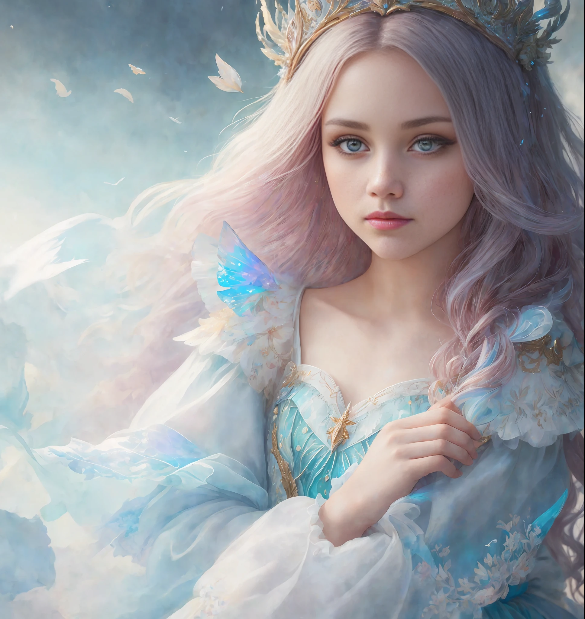 a photography, HD,, photo, woman, beautiful dress ornate, in the style of stefan kostic, realistic, half body shot, sharp focus, 8 k high definition, insanely detailed, intricate, elegant, art by stanley lau and artgerm, extreme blur flames background, Princess girl with wing, Blue, Pastel, glitter, dramatic, dreamy, pastel, Watercolor, Whimsical, Delicate, seashell crown, Trending on Artstation, Highly detailed, Intricate, Portrait, digital painting, Fantasy theme, Fantasy robes, Fantasy concept art, Fantasy character art, Smug, Teenage girl, perfect body, full body, dreamy, pastel, Watercolor, Whimsical, Delicate, seashell crown masterpiece, 8k, perfect lighting, , adult, female, cowboy shot, looking at viewer, cinematic lighting, Fawn