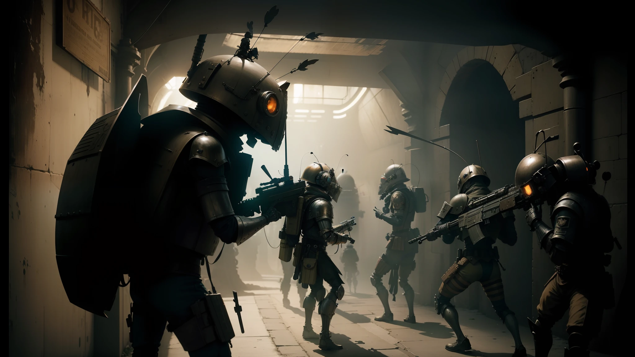 soldiers in armor are walking through a tunnel with weapons, steampunk insect, still image from the movie, by Matteo Pérez, standing in a cantina, nekro, beetles, wielding assault rifle, characters from machinarium, by Karel Klíč, chappie, buggy --auto --s2