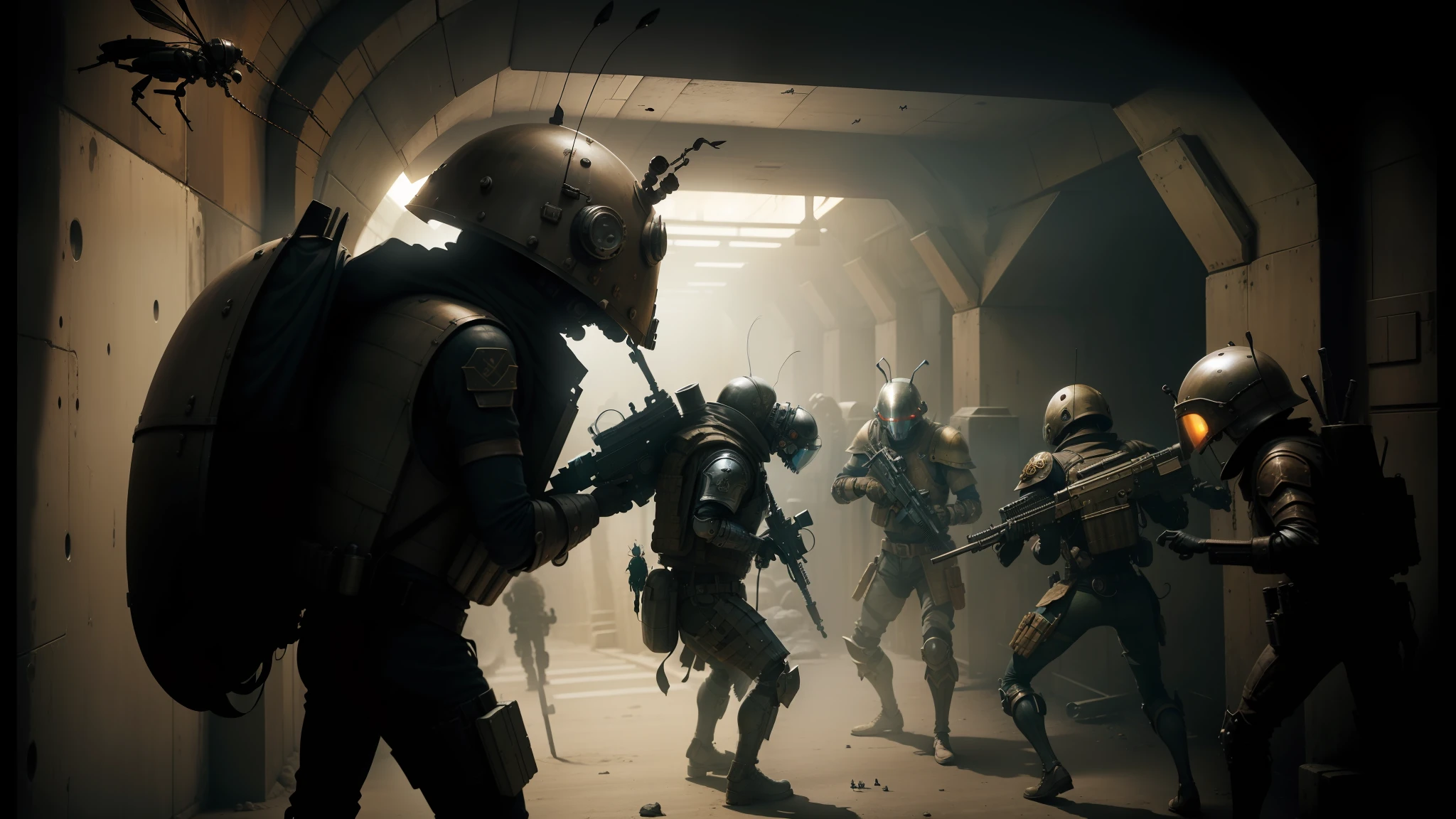 soldiers in armor are walking through a tunnel with weapons, steampunk insect, still image from the movie, by Matteo Pérez, standing in a cantina, nekro, beetles, wielding assault rifle, characters from machinarium, by Karel Klíč, chappie, buggy --auto --s2