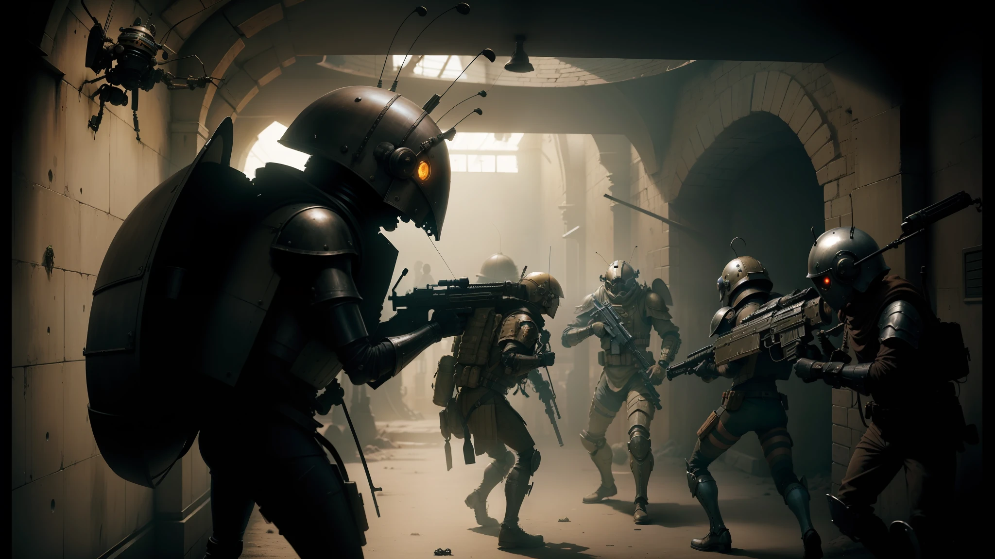 soldiers in armor are walking through a tunnel with weapons, steampunk insect, still image from the movie, by Matteo Pérez, standing in a cantina, nekro, beetles, wielding assault rifle, characters from machinarium, by Karel Klíč, chappie, buggy --auto --s2