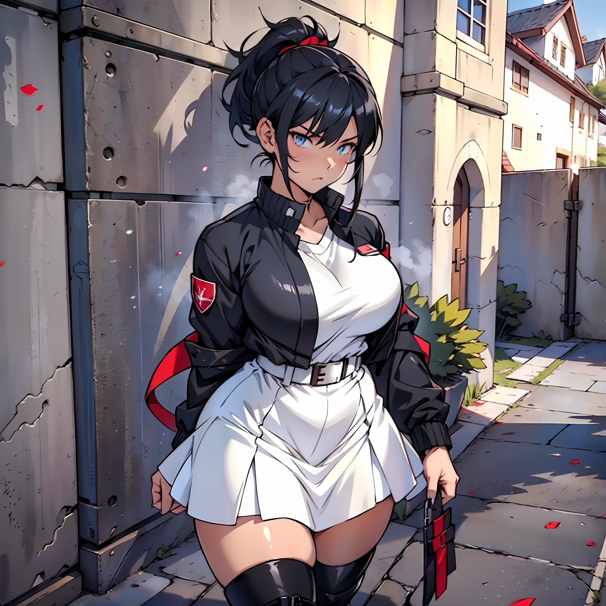 Girl with dark black hair, ponytail, thick thighs, curvy, medium breasts, black windbreaker, red ribbon in hair, blue eyes, white skirt, black military boots, serious look, anime, walking through the school of magic, medieval setting.