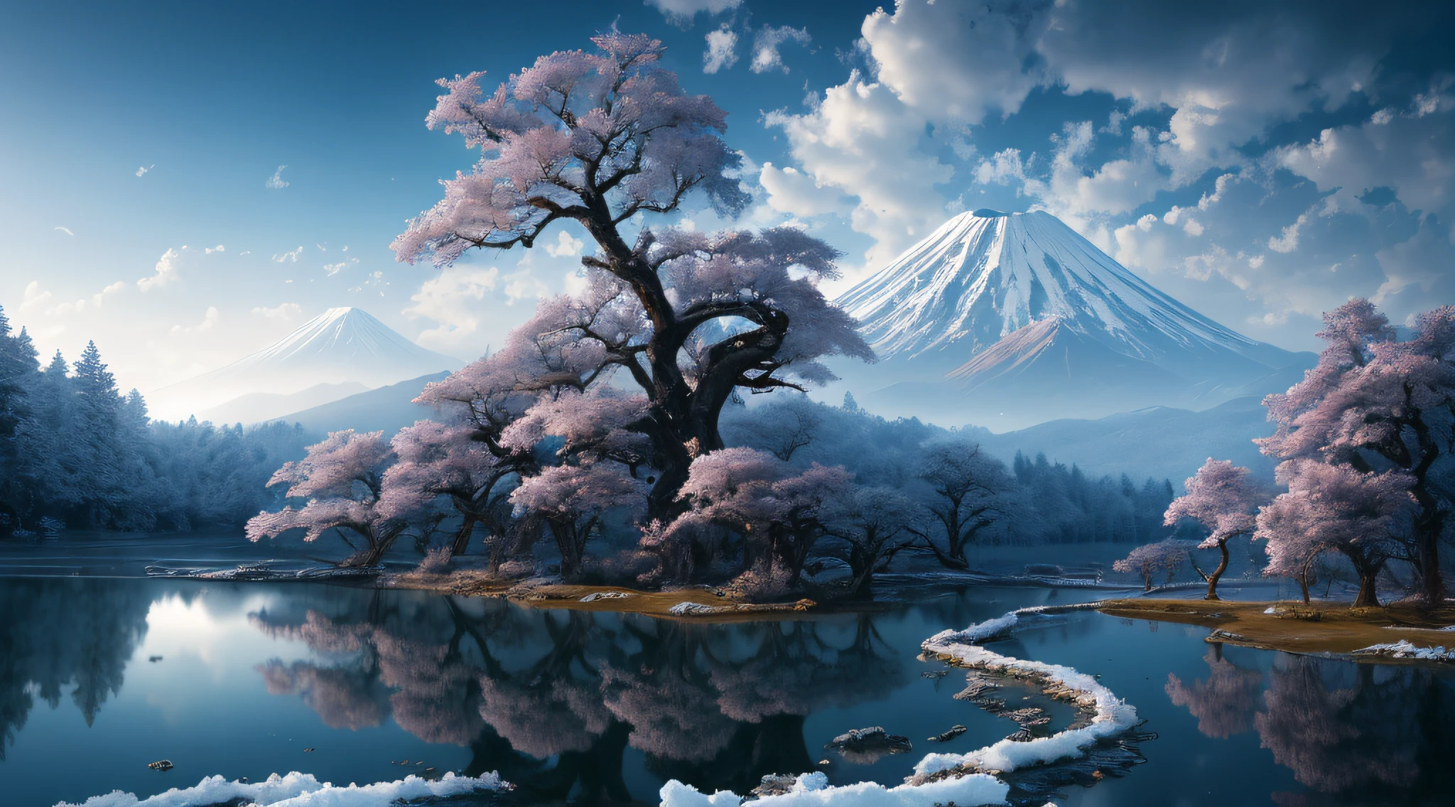 masterpiece, best quality, high quality, extremely detailed CG unity 8k wallpaper,Fujiyama,snow,winter,outdoors, sky, day, landscape, water, tree, blue sky, waterfall, nature, lake, river, cloudy sky,award winning photography, Bokeh, Depth of Field, HDR, bloom, Chromatic Aberration ,Photorealistic,extremely detailed, trending on artstation, trending on CGsociety, Intricate, High Detail, dramatic, art by midjourney