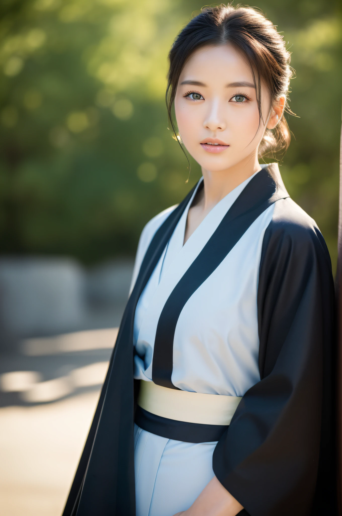 ((Top Quality, 8K, Masterpiece: 1.3)), Sharp Focus: 1.2, (Super Beautiful Face: 1.0), (Glossy Skin: 1.0), Realistic Photos, Black Hair, Realistic Pupils, Movie Lighting, Highly Detailed Eyes and Face, Movie Lighting, (Cowboy Shot: 1.0), kimono, hakama, obi, happy in nature