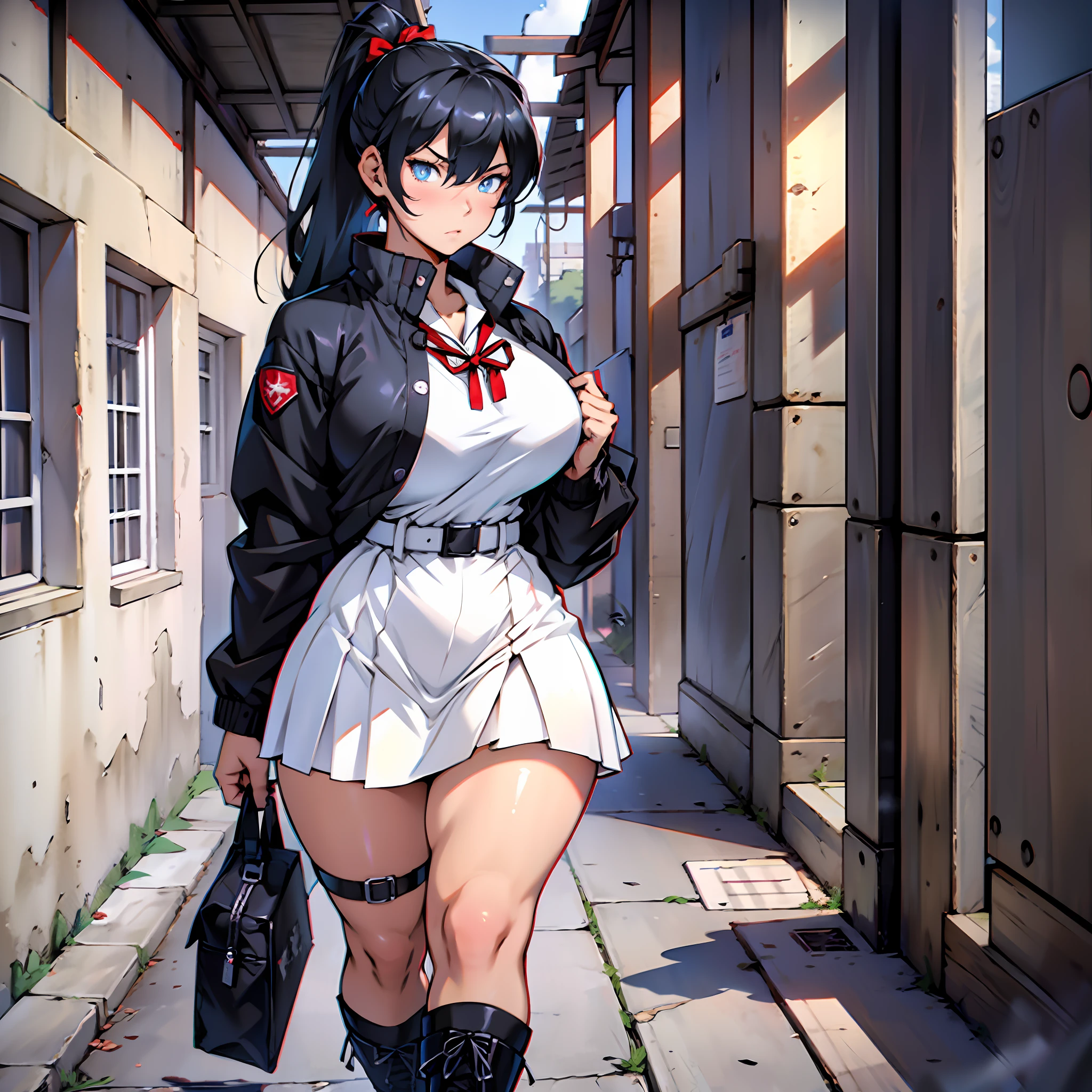 Girl with dark black hair, ponytail, thick thighs, curvy, medium breasts, black windbreaker, red ribbon in hair, blue eyes, white skirt, black military boots, serious look, anime, walking through the school of magic, medieval setting.