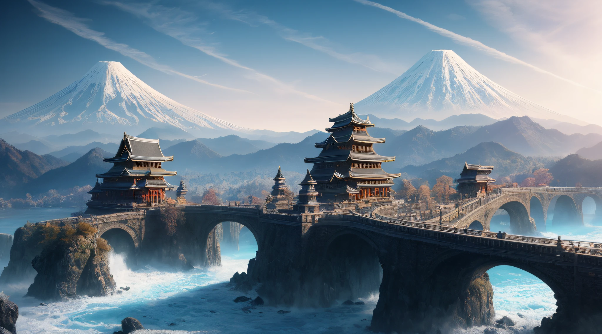 masterpiece, best quality, high quality, extremely detailed CG unity 8k wallpaper,Fujiyama,snow,winter,outdoors, sky, day, landscape, water, tree, blue sky, waterfall, nature, lake, river, cloudy sky,award winning photography, Bokeh, Depth of Field, HDR, bloom, Chromatic Aberration ,Photorealistic,extremely detailed, trending on artstation, trending on CGsociety, Intricate, High Detail, dramatic, art by midjourney