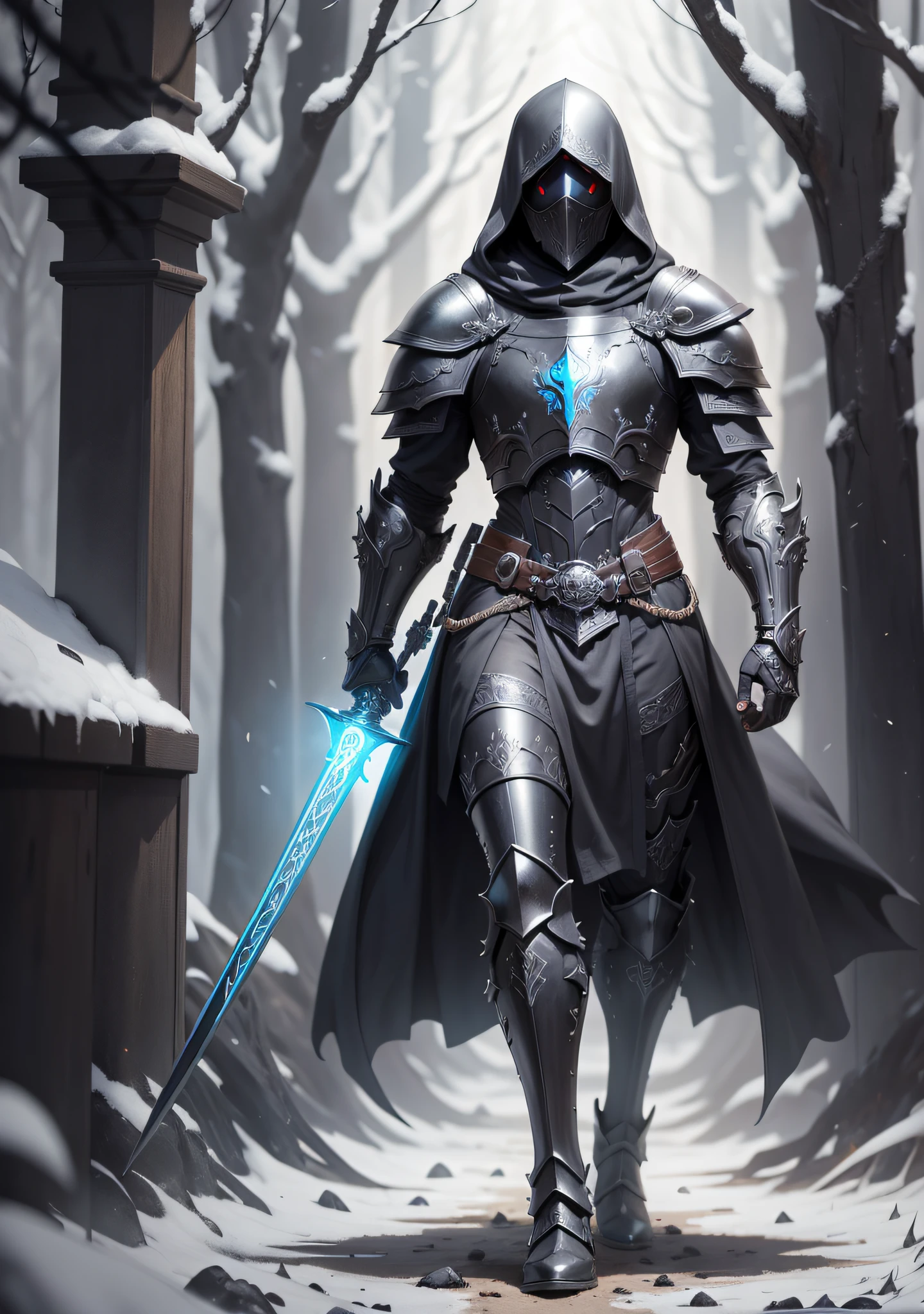 A black armor without body, white shawl, white hood, faceless, male, black armor sculpture, black iron armor, black face, blue eyes, barrel helmet, peephole, holding an ornate sword of a black and red hand, Gothic style, in a dark forest