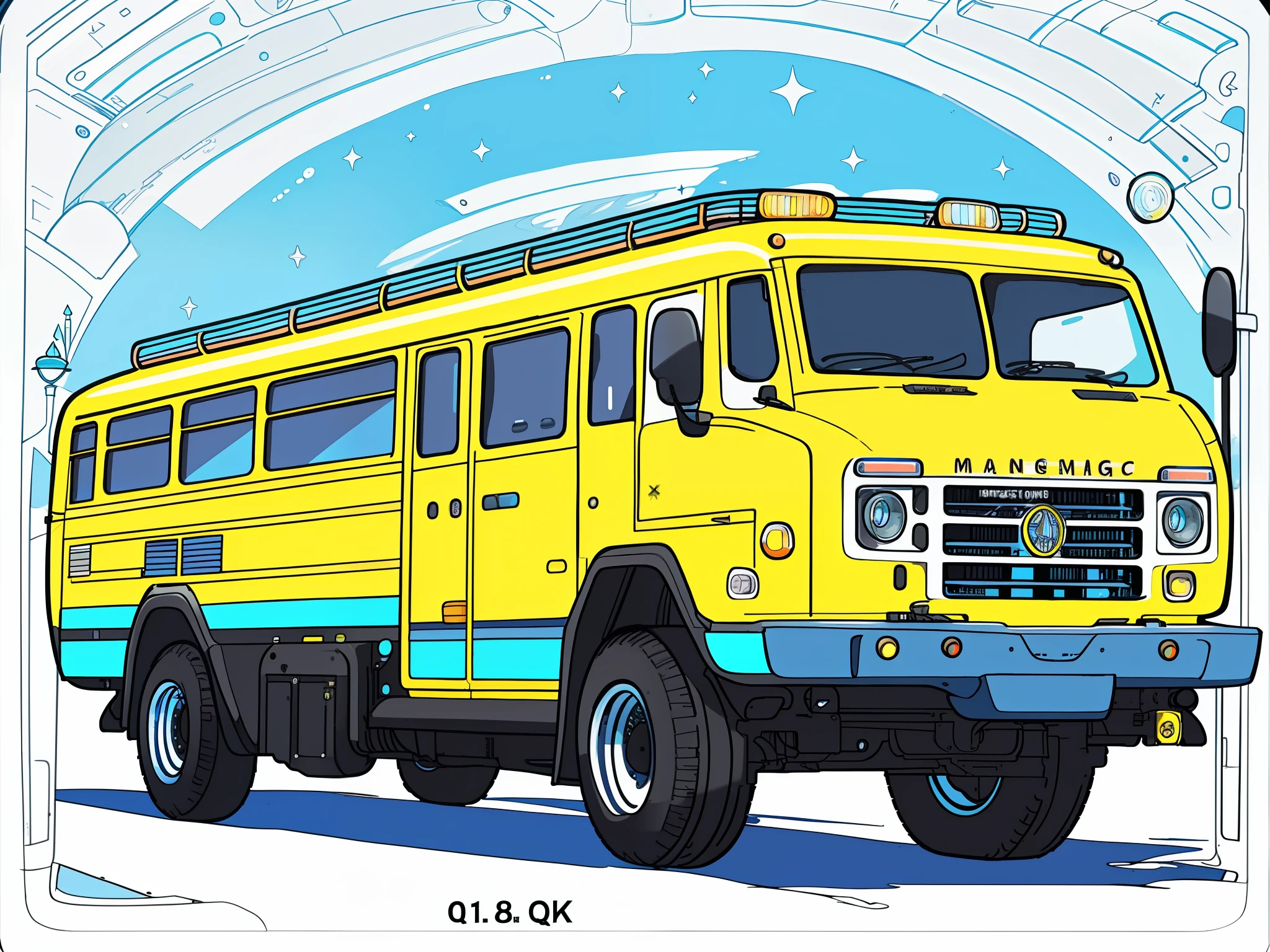 (8k, best quality, masterpiece:1.2),(best quality:1.0),ultra highres:1.0, magic schoolbus, smooth lines, luminous bright design, pastel colors, ink, extremely detailed, 4k, beautiful