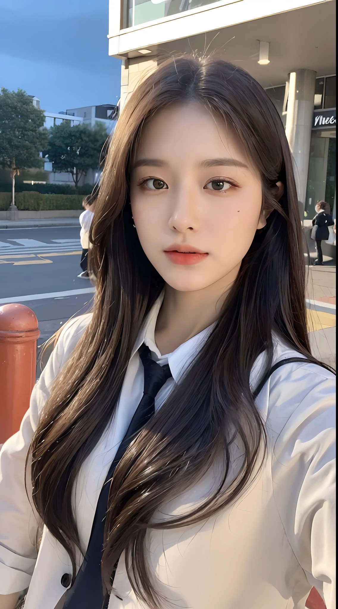 ((Best Quality, 8K, Masterpiece:1.3)), Focus:1.2, Perfect Body Beauty:1.4 , ((:1.2)), (night, Street:1.3), Highly detailed face and skin texture, Fine eyes, Double eyelids, Whitening skin, (Long hair: 1.3), (Round face: 1.5), (Uniform: 1.6)