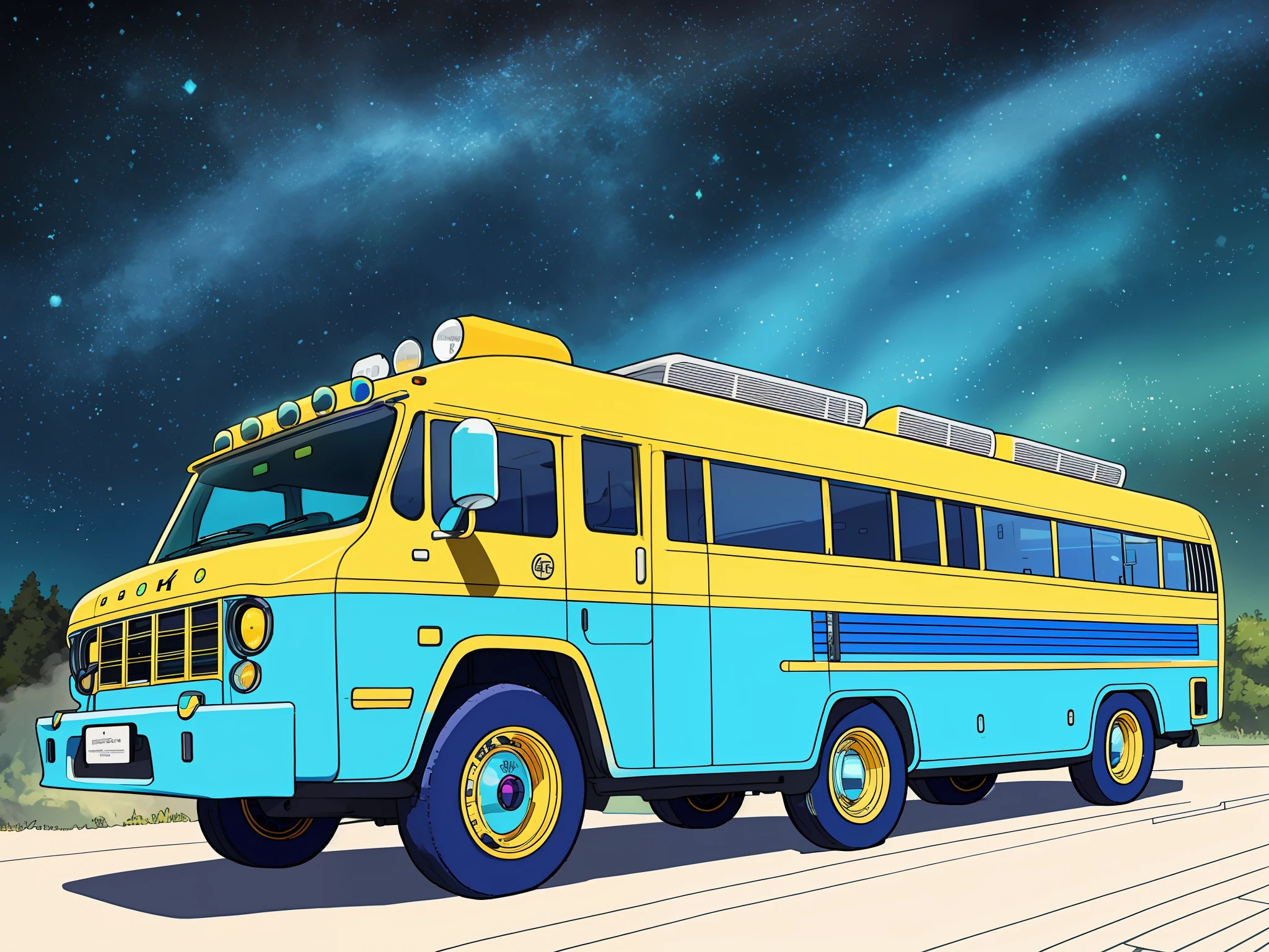 (8k, best quality, masterpiece:1.2),(best quality:1.0),ultra highres:1.0, magic schoolbus, smooth lines, luminous bright design, pastel colors, ink, extremely detailed, 4k, beautiful