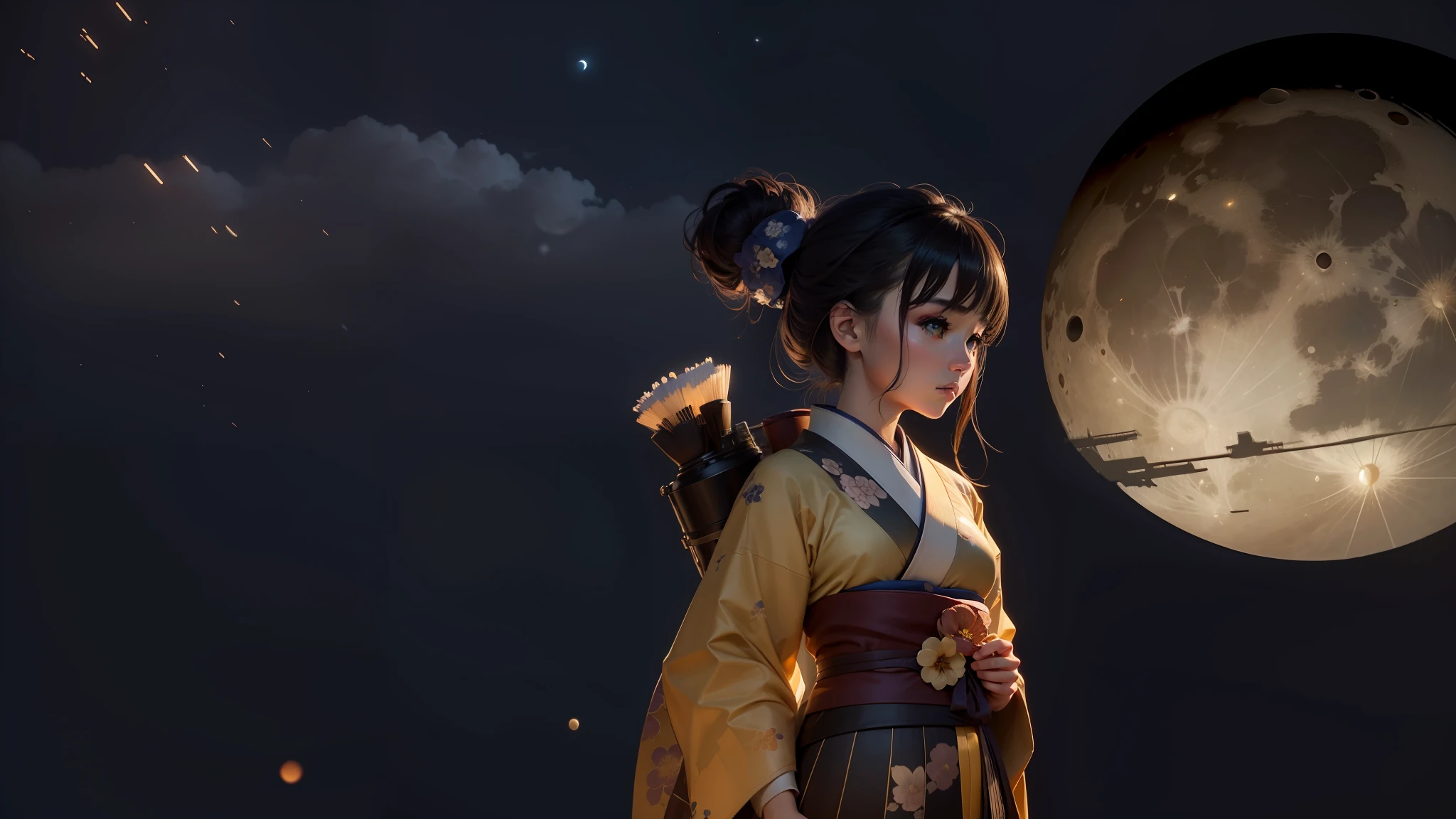 Top Quality, Masterpiece, 1 Girl, Beautiful Face, (Photorealistic picture:1.3), Rim Lighting, (High Detail Skin:1.2), 8K UHD, DSLR, High Quality, High Resolution, 4K, 8K, Bokeh, Absurdity, Best ratio Four Fingers and One Thumb, (Real:1.3), Cute 1 Girl, Wearing Kimono, Middle Chest, Hakama, Large scroll on the back, Beautiful moon in the background, --auto --s2