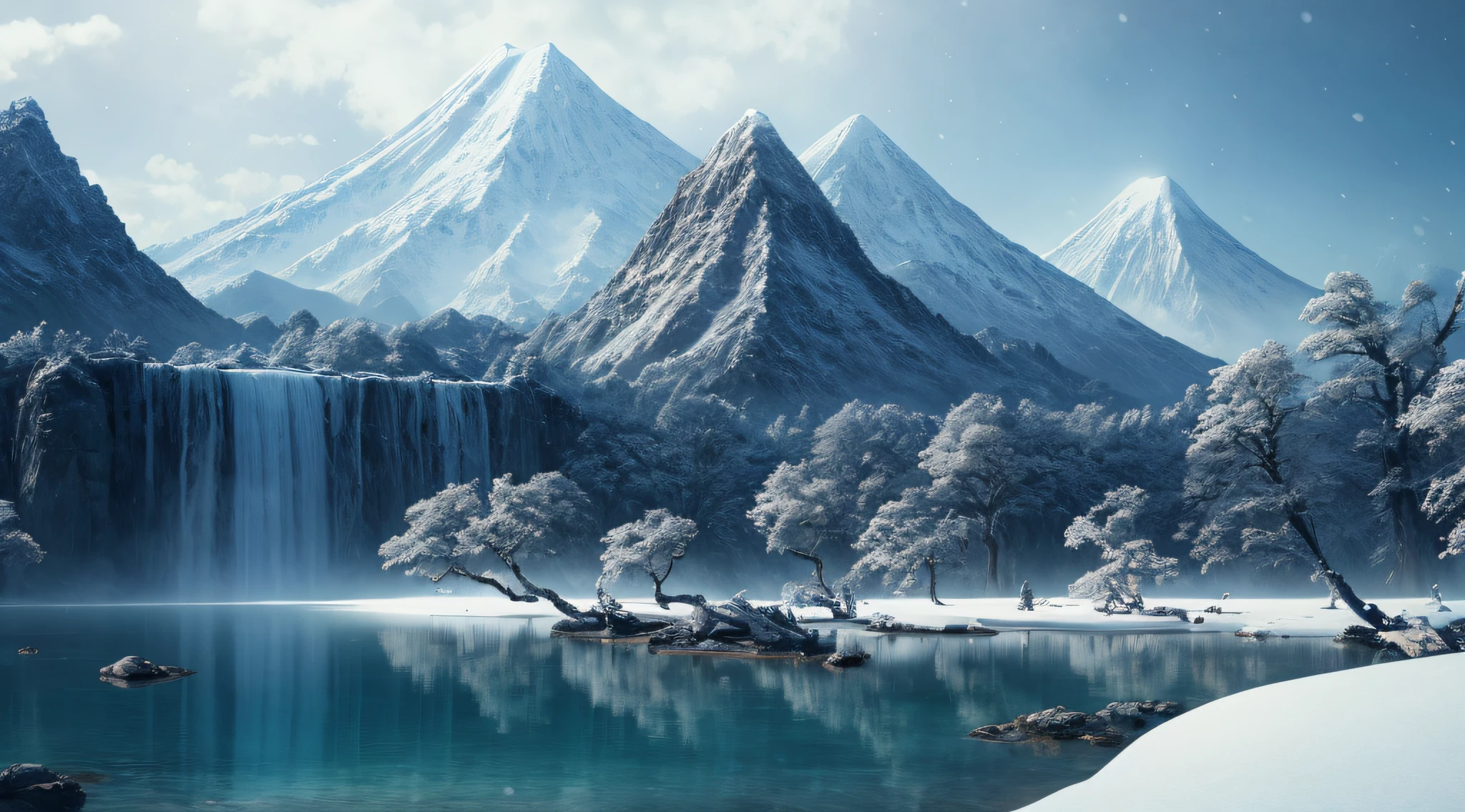 masterpiece, best quality, high quality, extremely detailed CG unity 8k wallpaper,Fujiyama,snow,winter,outdoors, sky, day, landscape, water, tree, blue sky, waterfall, nature, lake, river, cloudy sky,award winning photography, Bokeh, Depth of Field, HDR, bloom, Chromatic Aberration ,Photorealistic,extremely detailed, trending on artstation, trending on CGsociety, Intricate, High Detail, dramatic, art by midjourney