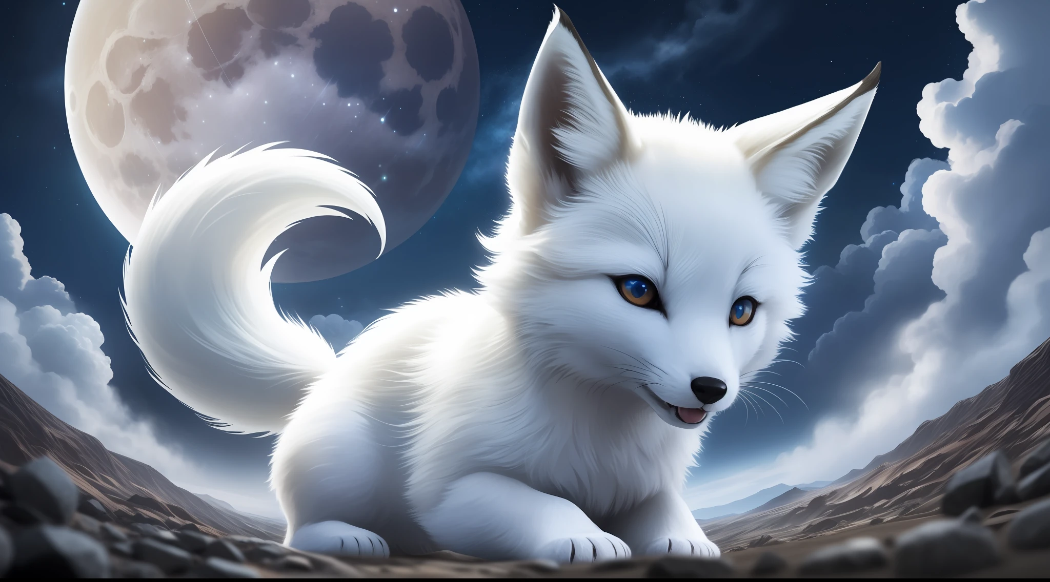 Super huge little white fox, Q version, cute, cute, big eyes, look at me and smile, nine tails, long roar up to the sky, moon, night scene, tumbling heavy sea of clouds at your feet, high mountains, stereoscopic perspective, master works, super fine, 4k resolution, high quality, movie lighting, high picture detail, dynamic perspective, detailed, epic shooting