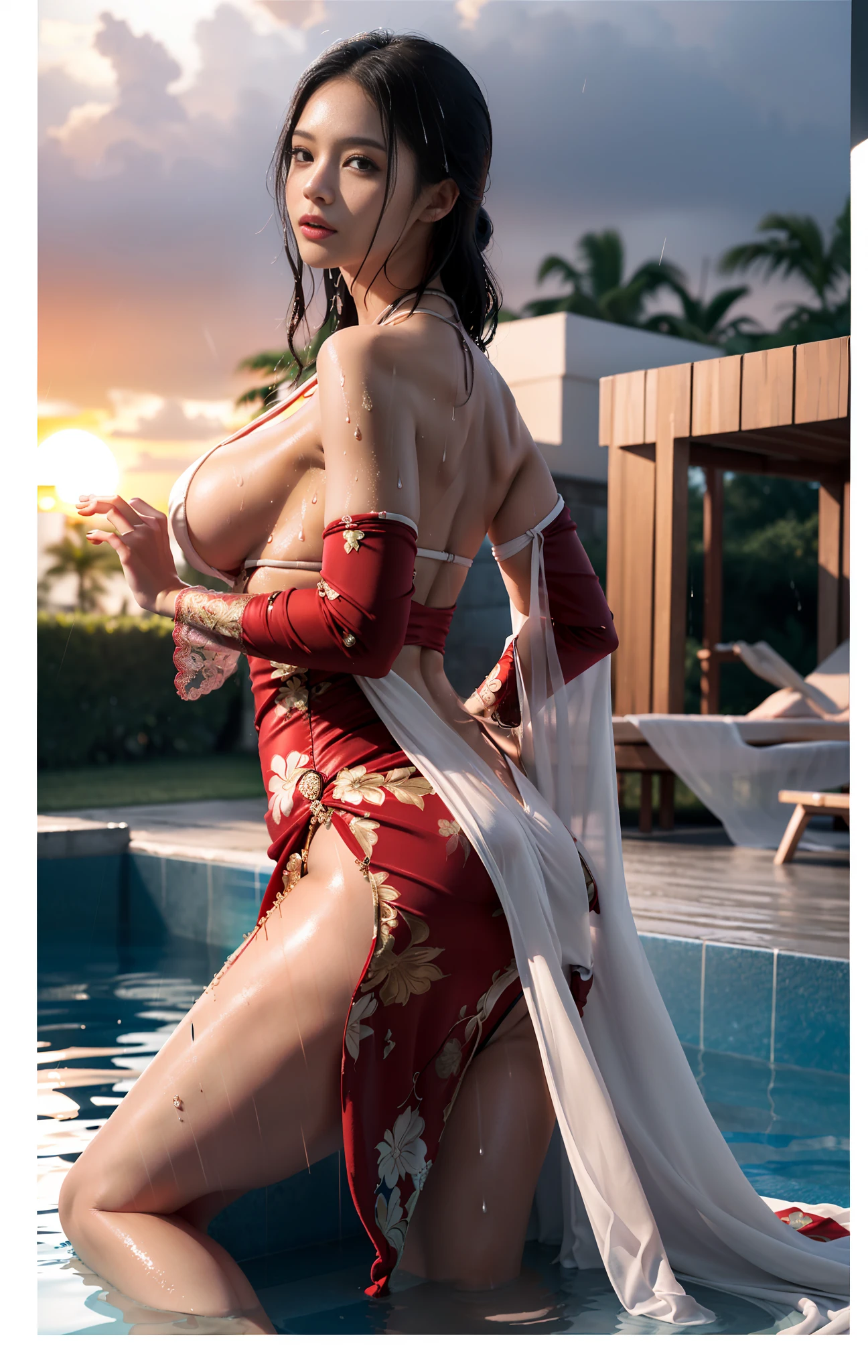 Boa Hancock (One Piece), Realism, Painting, (Best Quality, 4K, Masterpiece: 1.4), Beautiful Woman, Surreal, 1 Girl, ((Looking Back at the Sunset)), (Sagging Breasts, Attractive Body: 1.6), Sit-ups: 1.1, Long Black Hair: 1.8, (Wet Rain, Rain Wet: 1.7), Ultra-detailed face, detailed lips, detailed eyes, double eyelids, sexy low-necked dress, open neckline, hanging breasts, side pose, visible curves, pool party, poolside, red transparent robe, muscle-turning legs