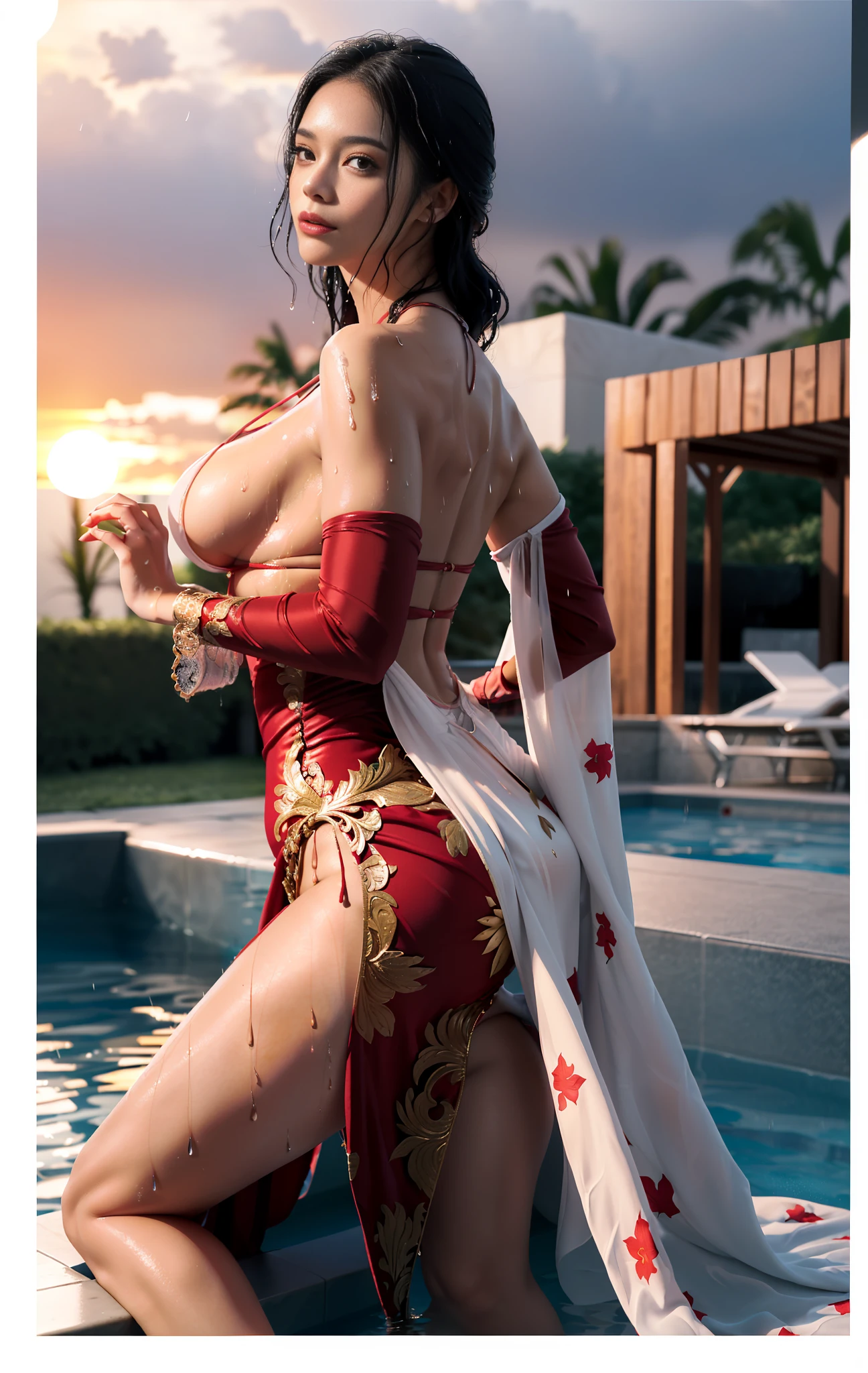 Boa Hancock (One Piece), Realism, Painting, (Best Quality, 4K, Masterpiece: 1.4), Beautiful Woman, Surreal, 1 Girl, ((Looking Back at the Sunset)), (Sagging Breasts, Attractive Body: 1.6), Sit-ups: 1.1, Long Black Hair: 1.8, (Wet Rain, Rain Wet: 1.7), Ultra-detailed face, detailed lips, detailed eyes, double eyelids, sexy low-necked dress, open neckline, hanging breasts, side pose, visible curves, pool party, poolside, red transparent robe, muscle-turning legs