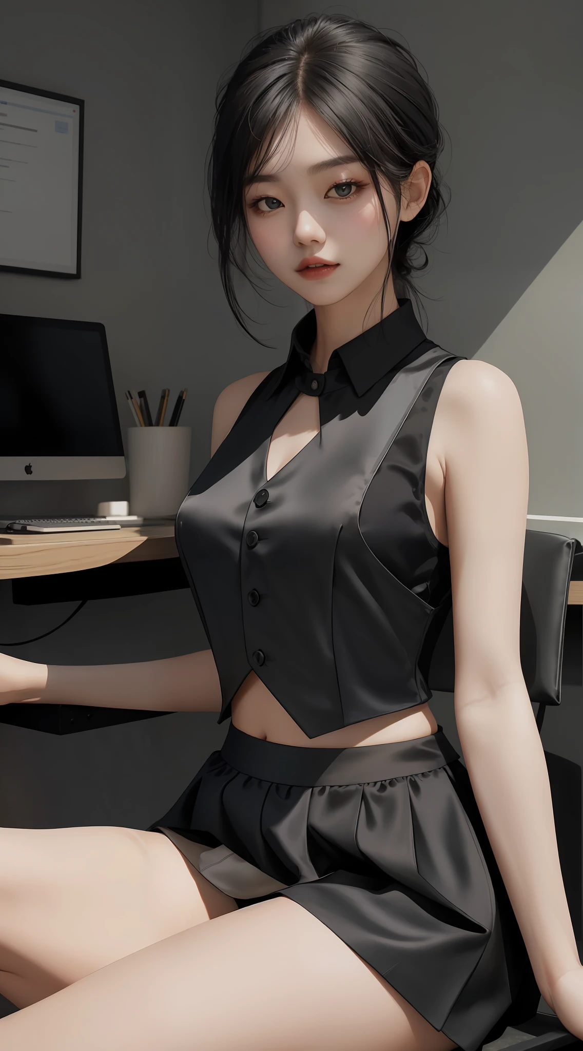 Masterpiece, highest quality, 8k, a woman in a black top and black skirt posing for a photo, black short skirt, wearing black silk, tied with a ball head, tied with a ball head, smooth tight clothing suit, sunny, wearing a low-cut vest, wearing a suspender vest, wearing a camisole in a vest, wearing a vest, wearing a white camisole vest, gorgeous young Korean woman in a crop top and sitting, office in the background, wearing black silk, wearing black silk