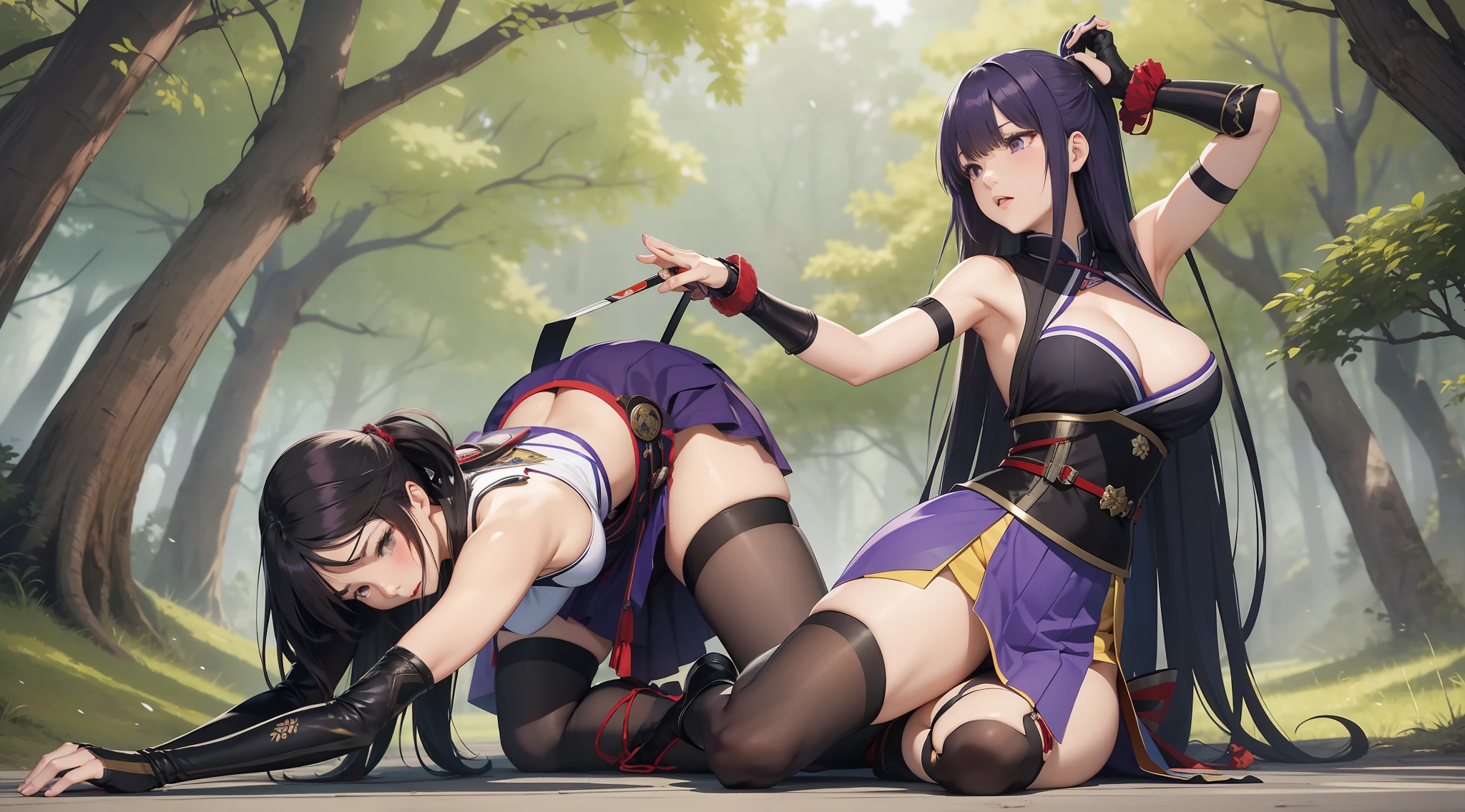 Full body shot from head to feet, two female character from Dead or Alive. A thrilling and intense masterpiece depicting a deadly duel between Kasumi and Ayane, both expert swordswomen, with the fight reaching a climactic moment of truth. The dynamic action capture the moment as Ayane takes a lethal blow and succumbs to her injuries, leaving Kasumi as the sole victor in this high-stakes battle. Kasumi have loose brown long hair. Ayane have loose deep purple long hair. Kasumi wear traditional sleeveless kimono, obi tied on the back hip, black long gloves, short skirt, and black thigh highs. Ayane wear traditional sleeveless kimono, obi tied on the back hip, black long gloves, short skirt, and black thigh highs. Backgroud set on lush forest, with no effect.