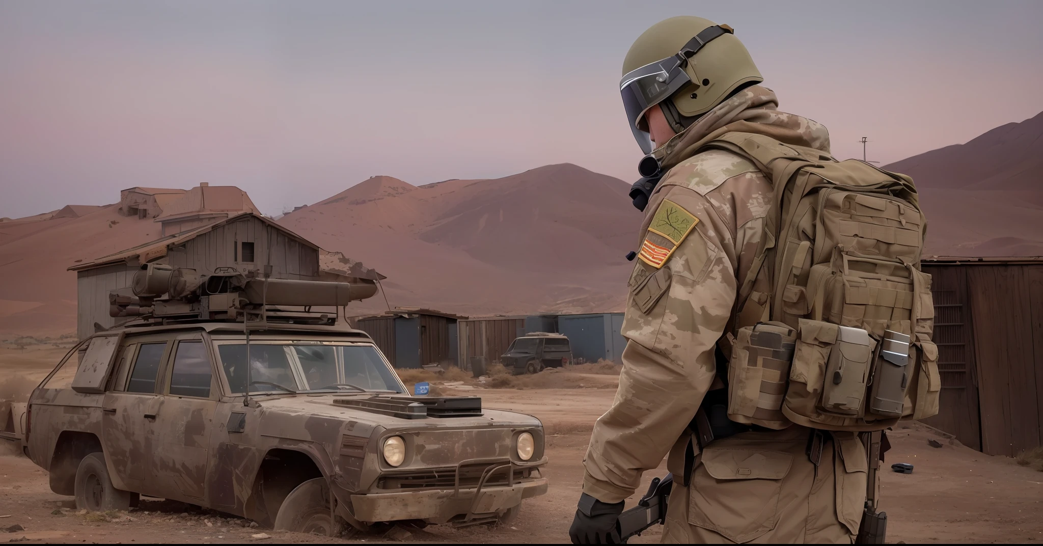 4k,American Sniper,(Style of Seal Chris Kyle,Brave Face type,Realistic, High Detailed),(Full Army Desert Suit,(Modern,Made with Metal, Vessels Violet),Hot Season,AK 47 with Snipe Weapon,)He find His Way,Stand up,Full Body, Cenimatic Lighting, masterpiece,Best Quality,UHD),Desert City Background (Old Cars,Old Fired Houses,Sad Scene)),