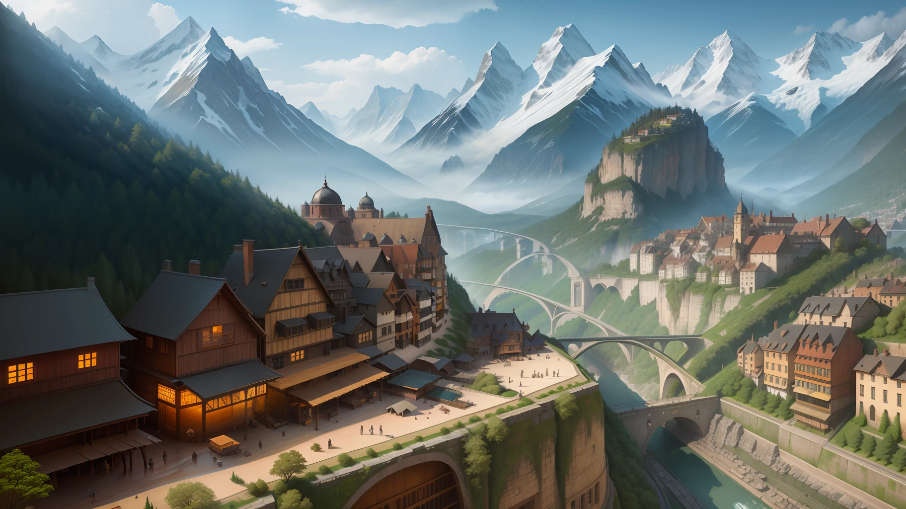 A beautiful landscape, a sawn with mountains and trees,((masterpiece)),((best quality)),((high detail)),((realistic,)) Industrial-age city, deep gorges in the middle, architectural streets, bazaars, bridges, rainy days, steampunk, European architecture