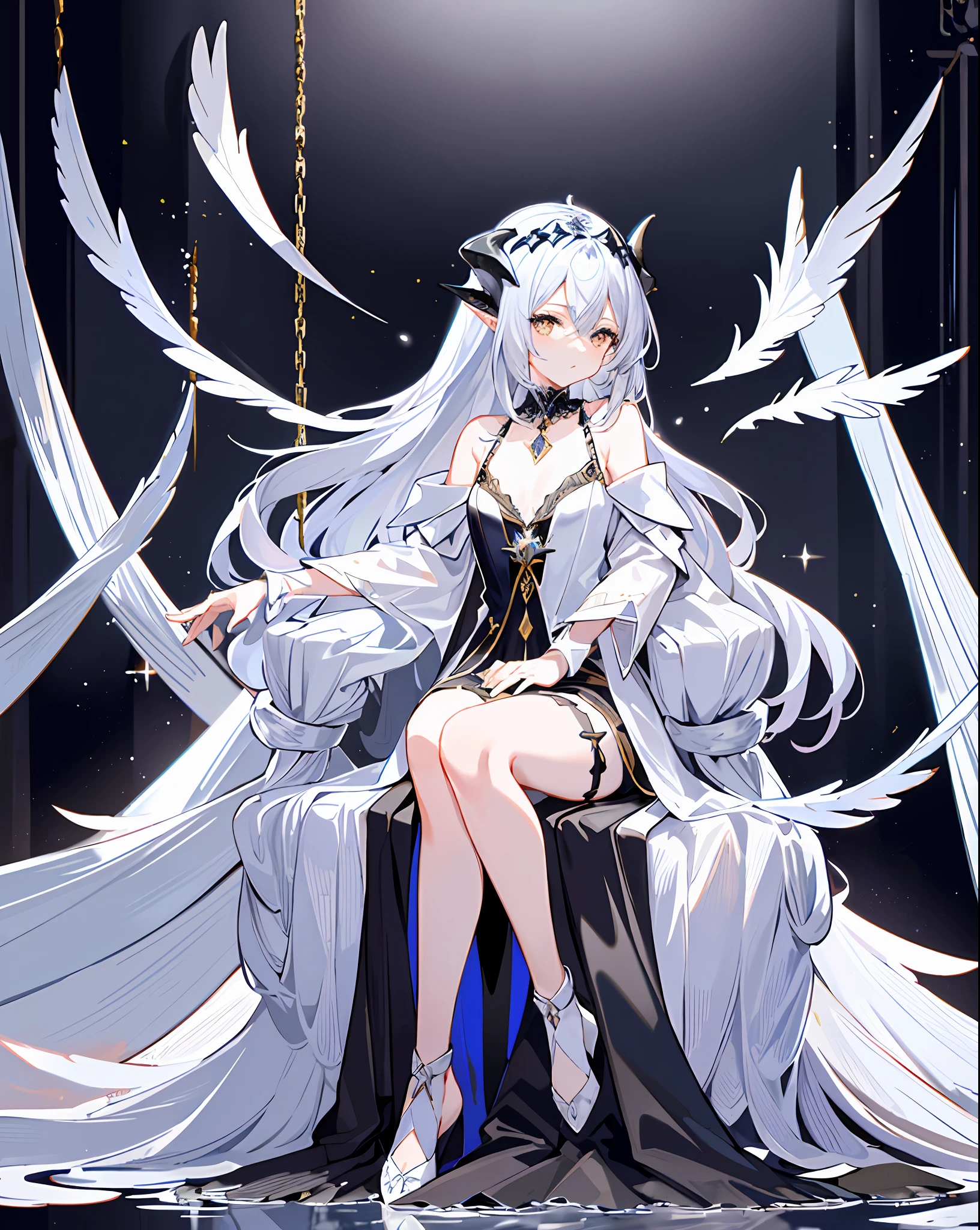 1 female, bare shoulders, flat chest, cold and delicate face, feathers, extra-long blue and silver silver hair, flowing black feathers, wavy curls, white sleeves, choker, chains, dragon horns, angel wings, gold and silver silver tassels, a (black hole) behind the girl, silver triple crown with obsidian, (sitting) black ((throne)), (depth) (field),