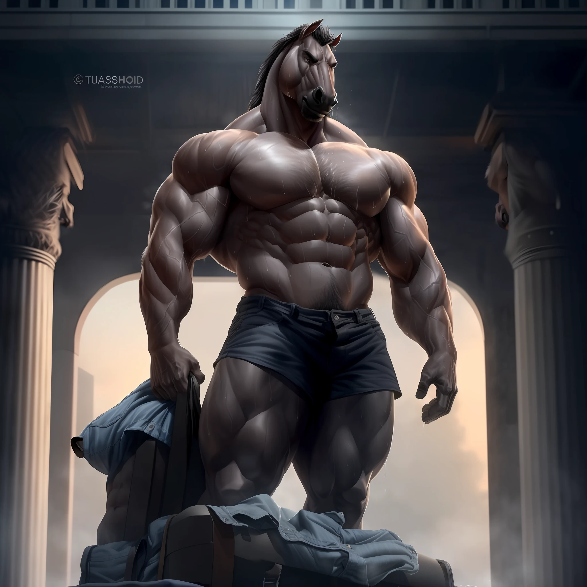 (A muscular, handsome anthro horse with a heavy build and grey fur stands before you. His darker snout and forearms contrast beautifully with his black mane. He gazes at you with a kind expression as he struggles under the weight of his overloaded cargo shorts, sweat pouring down his chest and soaking into the denim. He looks exhausted but determined to finish his task.)