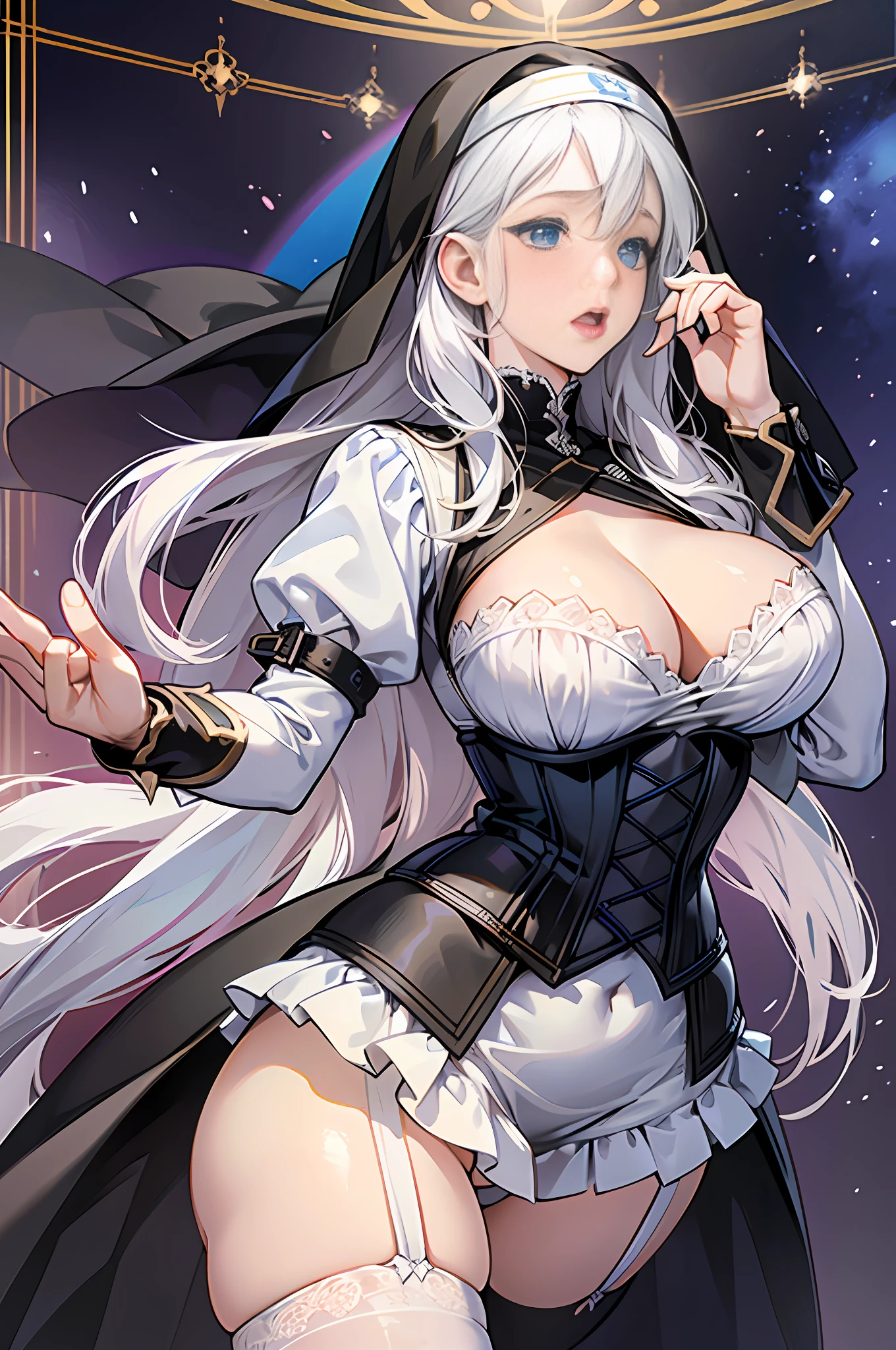 Ultra-realistic 8k CG, beautiful girl with white hair, blue eyes, open mouth, puffy, plump body, nun bandana, corset nun gown, fleshy thighs, white patterned stockings, high heels, full body, looking at the audience, symmetrical, charming, complex, sexy, elegant, hands interlocked,