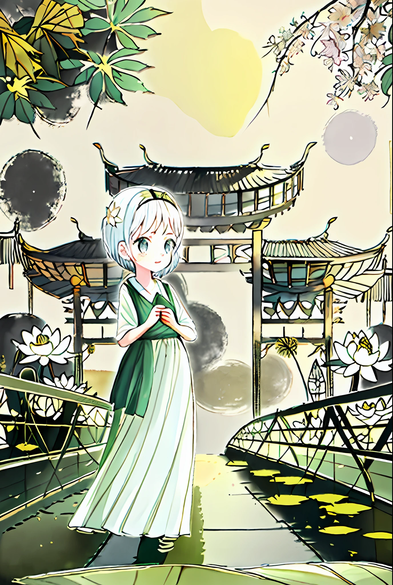 A stands on a bridge, under which is a lotus pond, in the distance there is a torii, there are houses, delicate faces, lotus flowers, lotus leaves, branches, colors, vitality, beauty, contrast, nature, life force, sunlight. Beautiful atmosphere, harmonious and comfortable integration