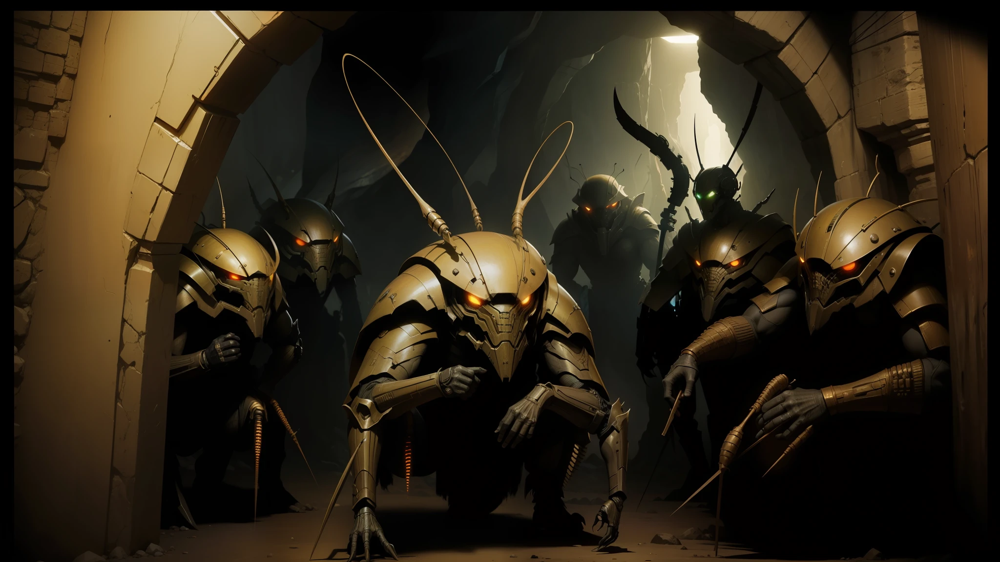 there are many bugs that are standing in a cave, concept art for movies, realistic soldiers, exterminatus, moloch, as illustrated in top cow comics, human prisoners, promotional image, buggy, yellow cyborg eyes, workers --auto --s2