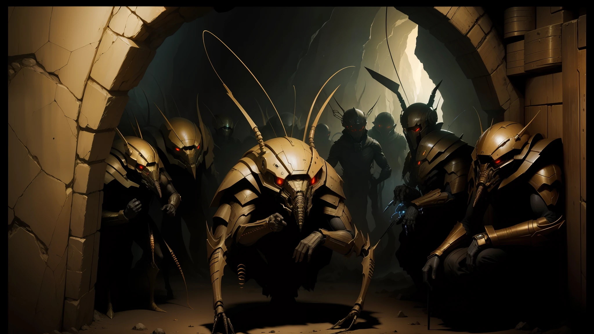 there are many bugs that are standing in a cave, concept art for movies, realistic soldiers, exterminatus, moloch, as illustrated in top cow comics, human prisoners, promotional image, buggy, yellow cyborg eyes, workers --auto --s2