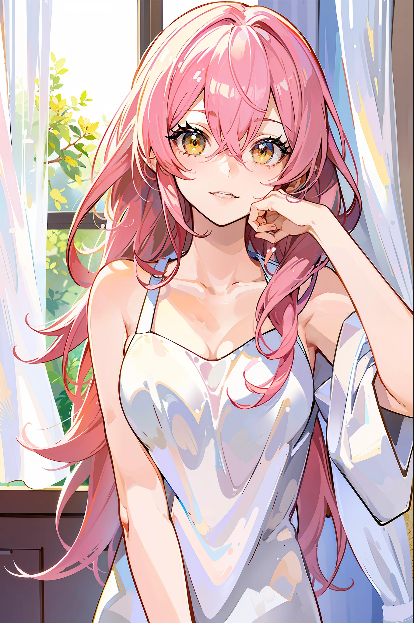 ,(Masterpiece:1.2, high quality), (pixiv:1.4),who,:3,uwu,
jougasaki mika, 1girl, curtain grab, pink hair, solo, looking at viewer, curtains, smile, long hair, hair between eyes, yellow eyes, nude, parted lips, bangs, upper body