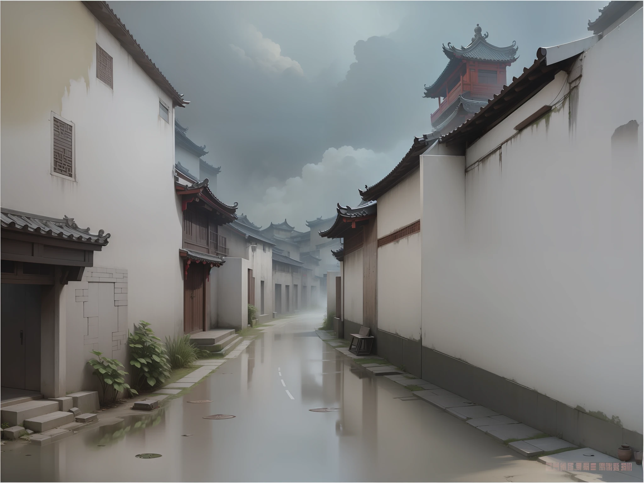 Jiangnan alleys, smoke and rain, Hui school architecture, two-dimensional style, --auto --s2