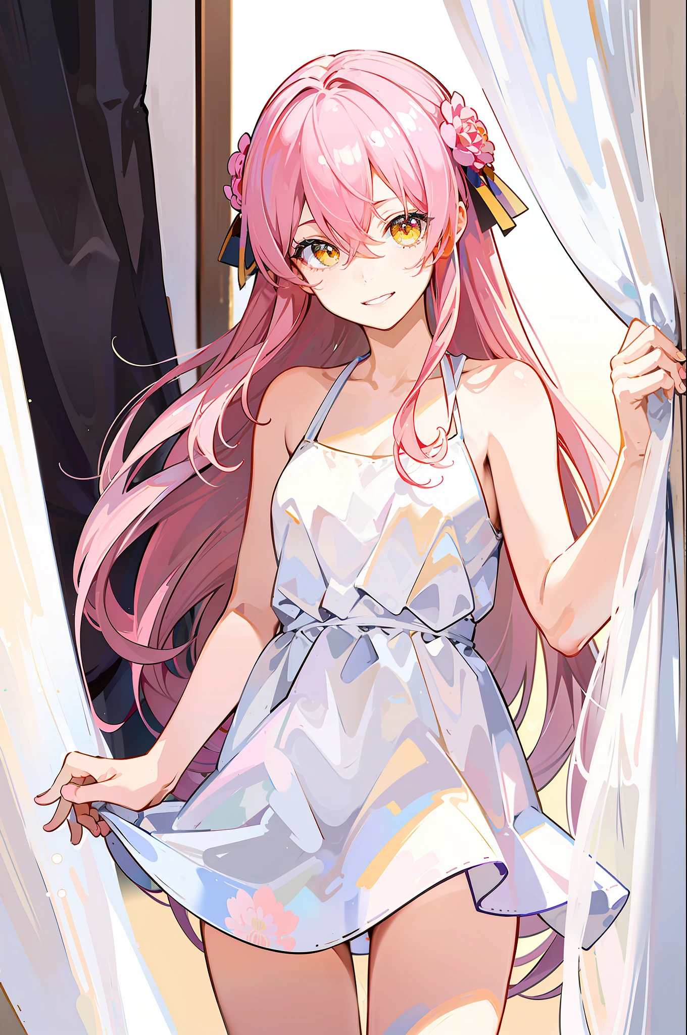,(Masterpiece:1.2, high quality), (pixiv:1.4),who,:3,uwu,
jougasaki mika, 1girl, curtain grab, pink hair, solo, looking at viewer, curtains, smile, long hair, hair between eyes, yellow eyes, nude, parted lips, bangs, upper body