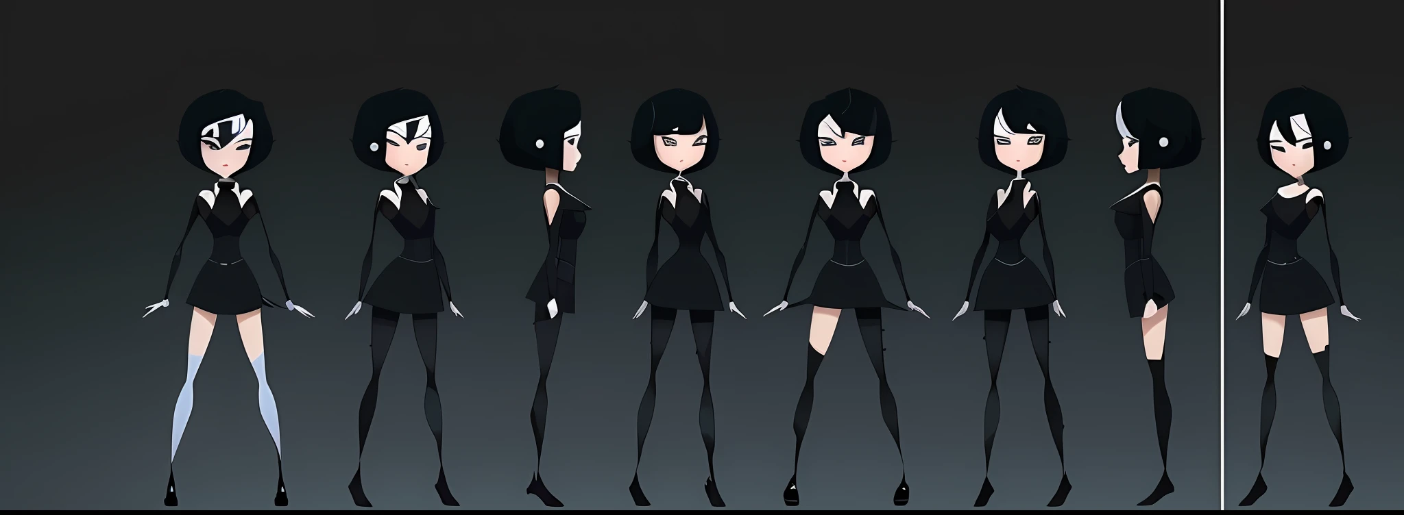 a group of cartoon girls with black hair and black dress, leeloo outfit, full body turnaround shot, character animation, character turn, character design for animation, hime cut, reference template sheet, animated character design, full body profile pose, single full body character, character animation, turnaround character template sheet, single character full body, different whole body view