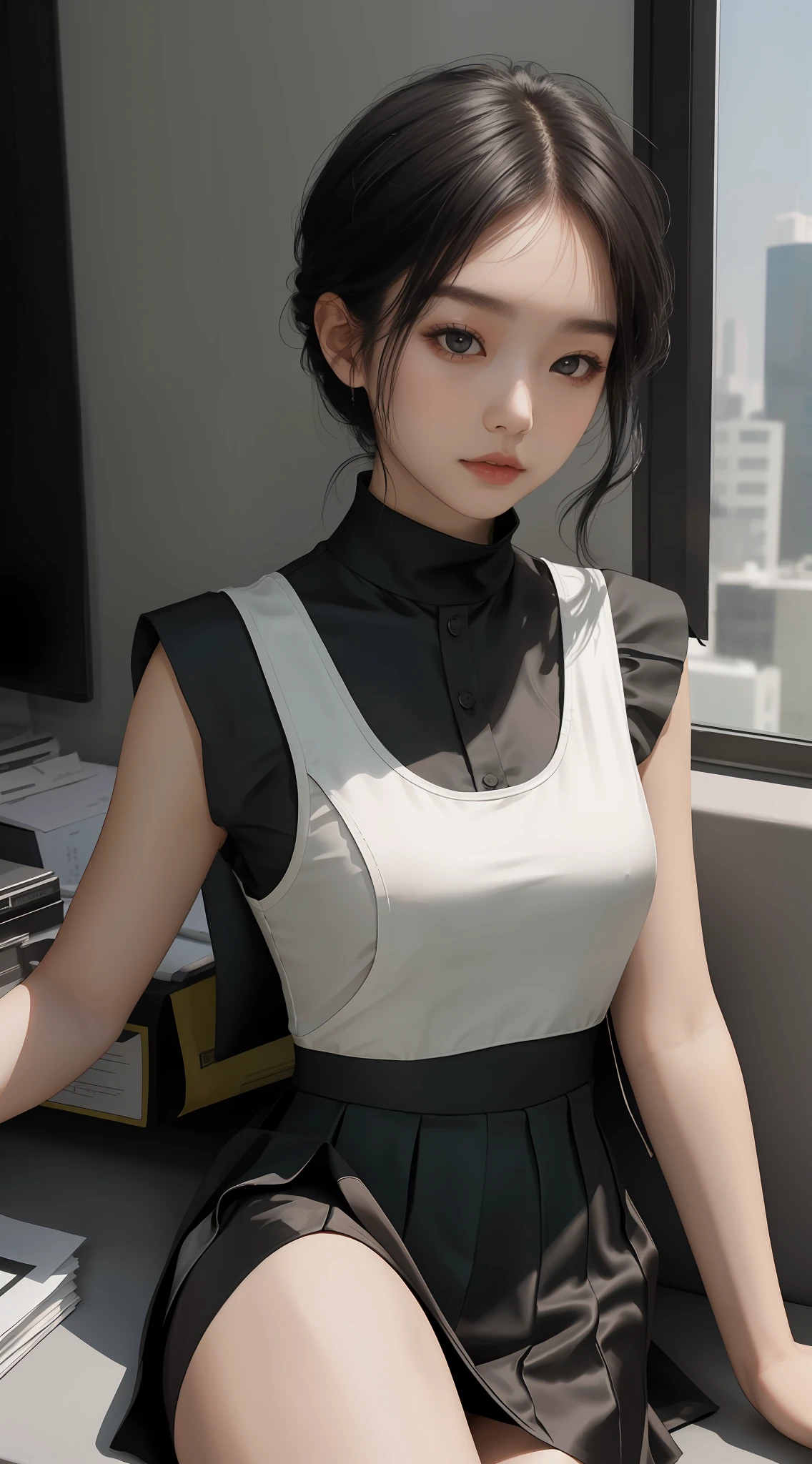 Masterpiece, highest quality, 8k, a woman in a black top and black skirt posing for a photo, black short skirt, wearing black silk, tied with a ball head, tied with a ball head, smooth tight clothing suit, sunny, wearing a low-cut vest, wearing a suspender vest, wearing a camisole in a vest, wearing a vest, wearing a white camisole vest, gorgeous young Korean woman in a crop top and sitting, office in the background, wearing black silk, wearing black silk
