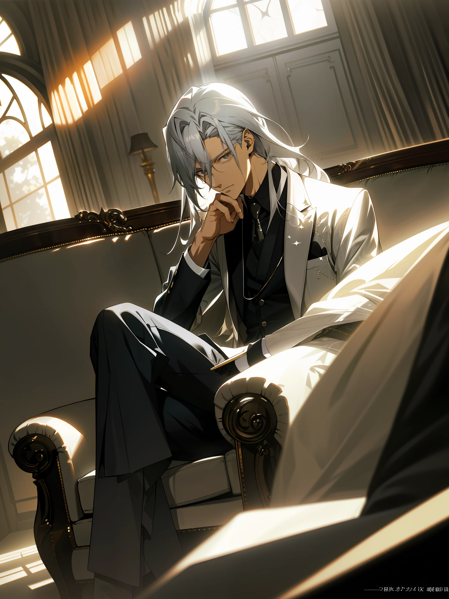man, silver-haired, wearing a suit, sitting on sofa in room, shredded, ((handsome)), bishonen, (((slanted)), big nose, oval face, very detailed, high key, clothes and hair reflect light, dramatic lighting, rim lights, anime male characters, official art, (anime)