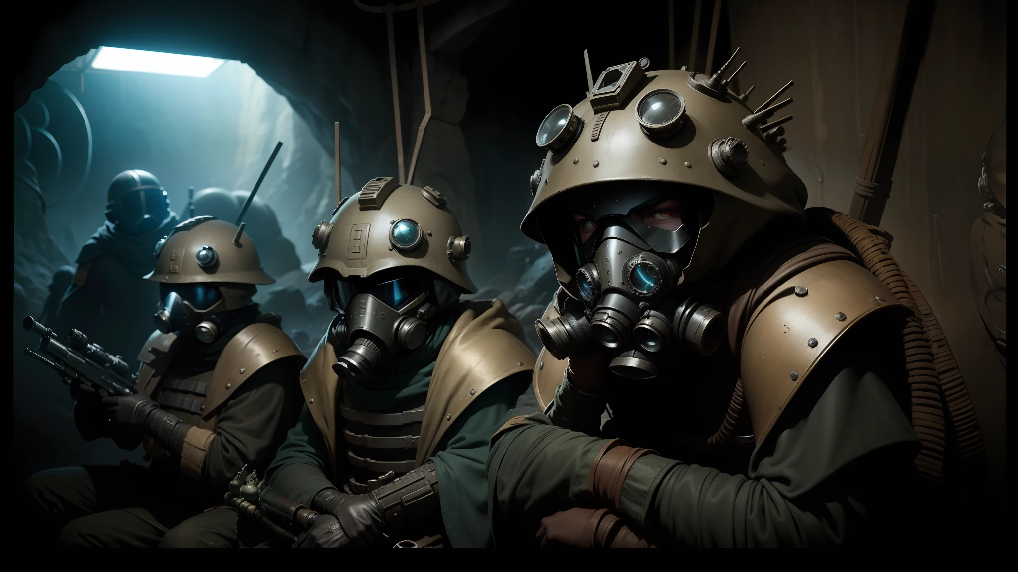 there are three people wearing gas masks and helmets in a tunnel, scene from dune 2 0 2 1 movie, kubo and the two strings, inspired by János Saxon-Szász, steampunk world spikes, pictured from the shoulders up, star wars movie, large bubble archaeologies, frostpunk, 1 3 mm film color grading --auto --s2