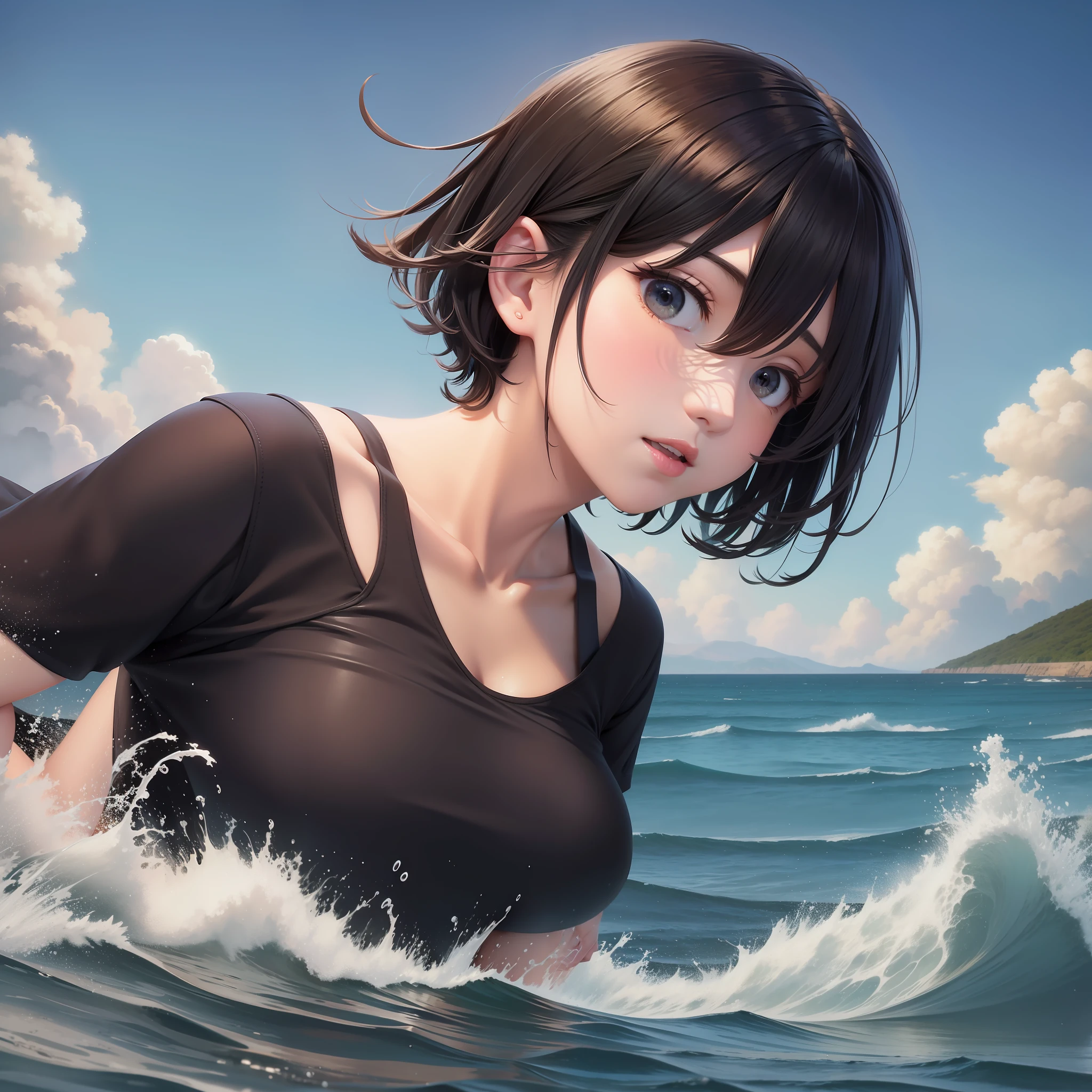 visual novel, run, above, in the sea, typhoon, tsunami, short hair, black hair, front, morning, big fish